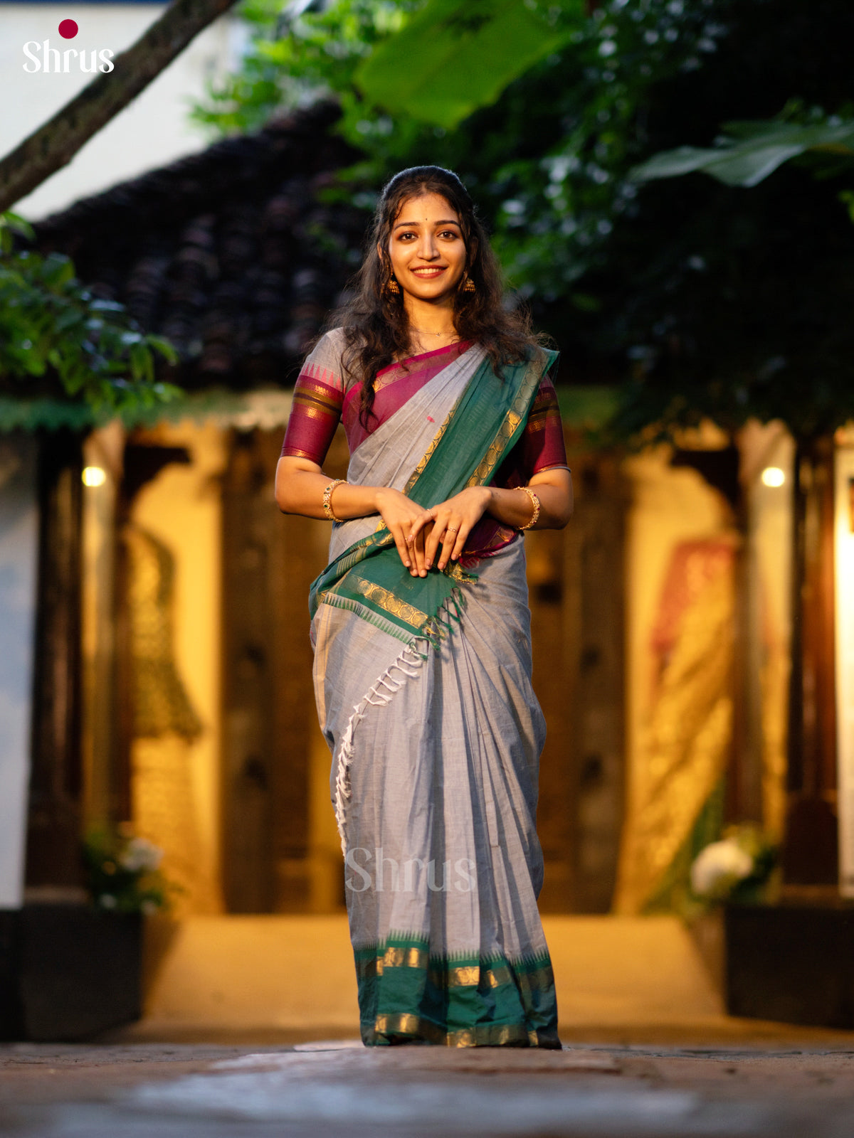 Grey & Green- Chettinad Cotton saree - Shop on ShrusEternity.com