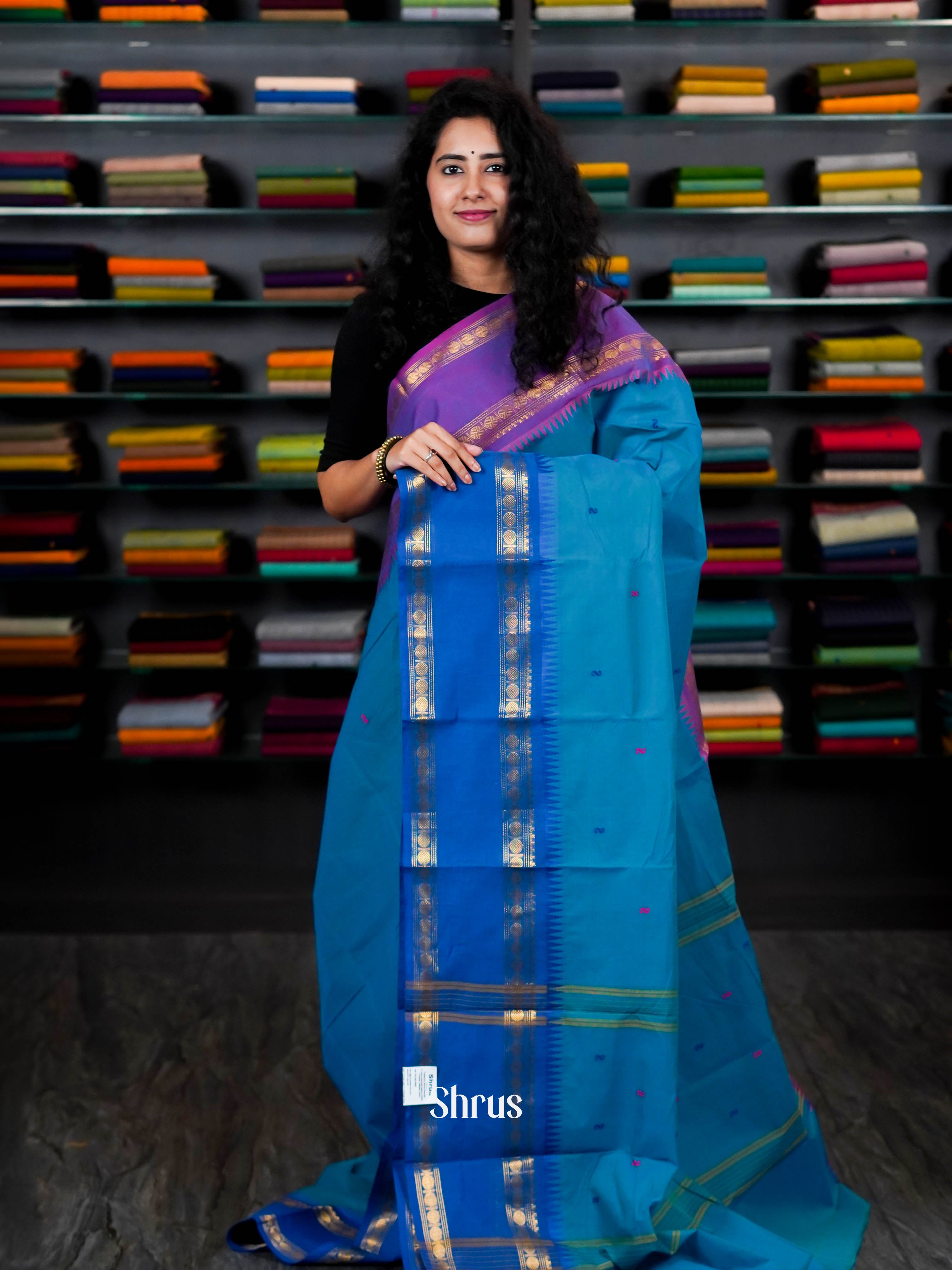 Teal & Blue - Chettinad Cotton Saree - Shop on ShrusEternity.com