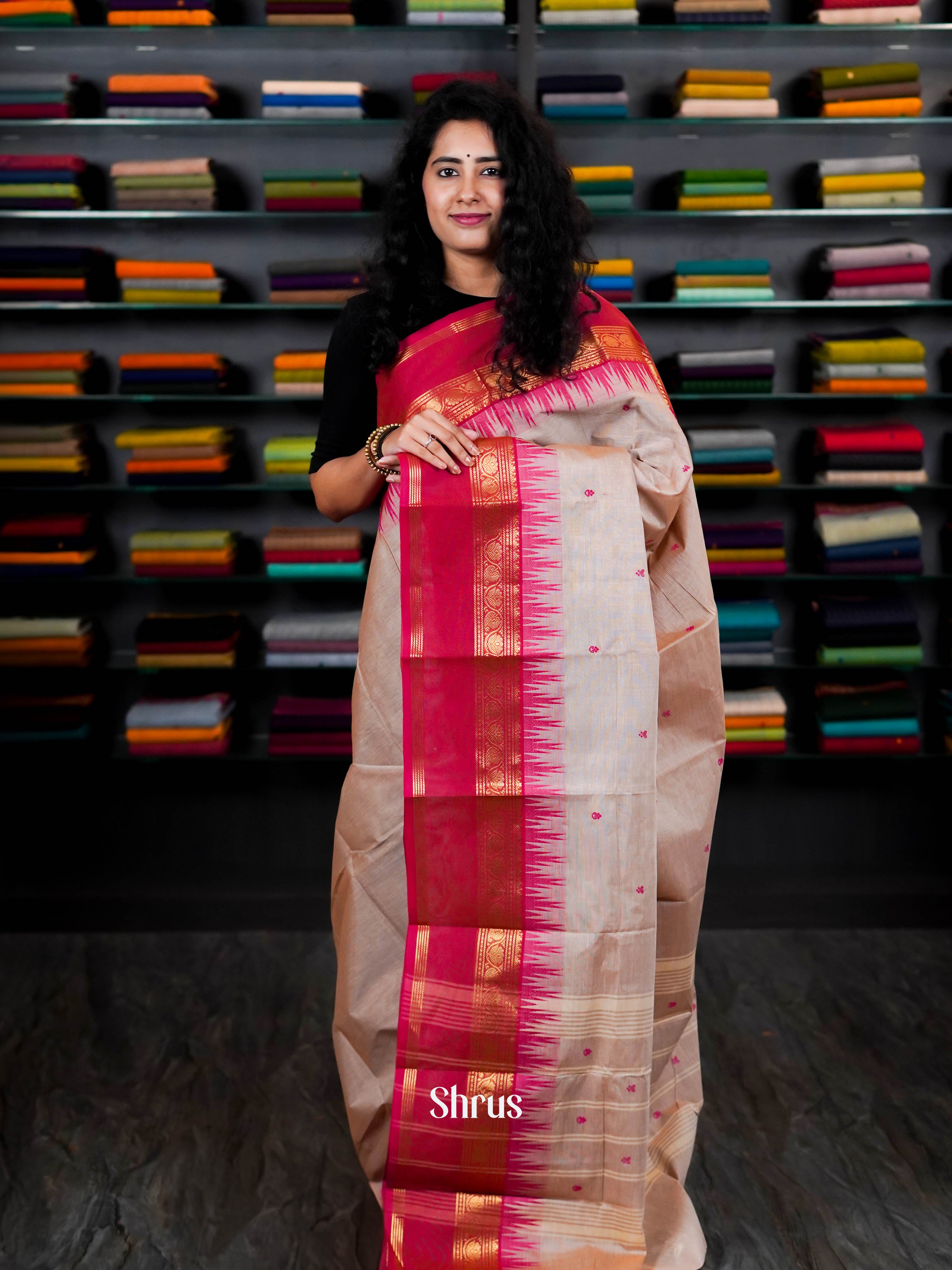 Grey & Red - Chettinad Cotton Saree - Shop on ShrusEternity.com