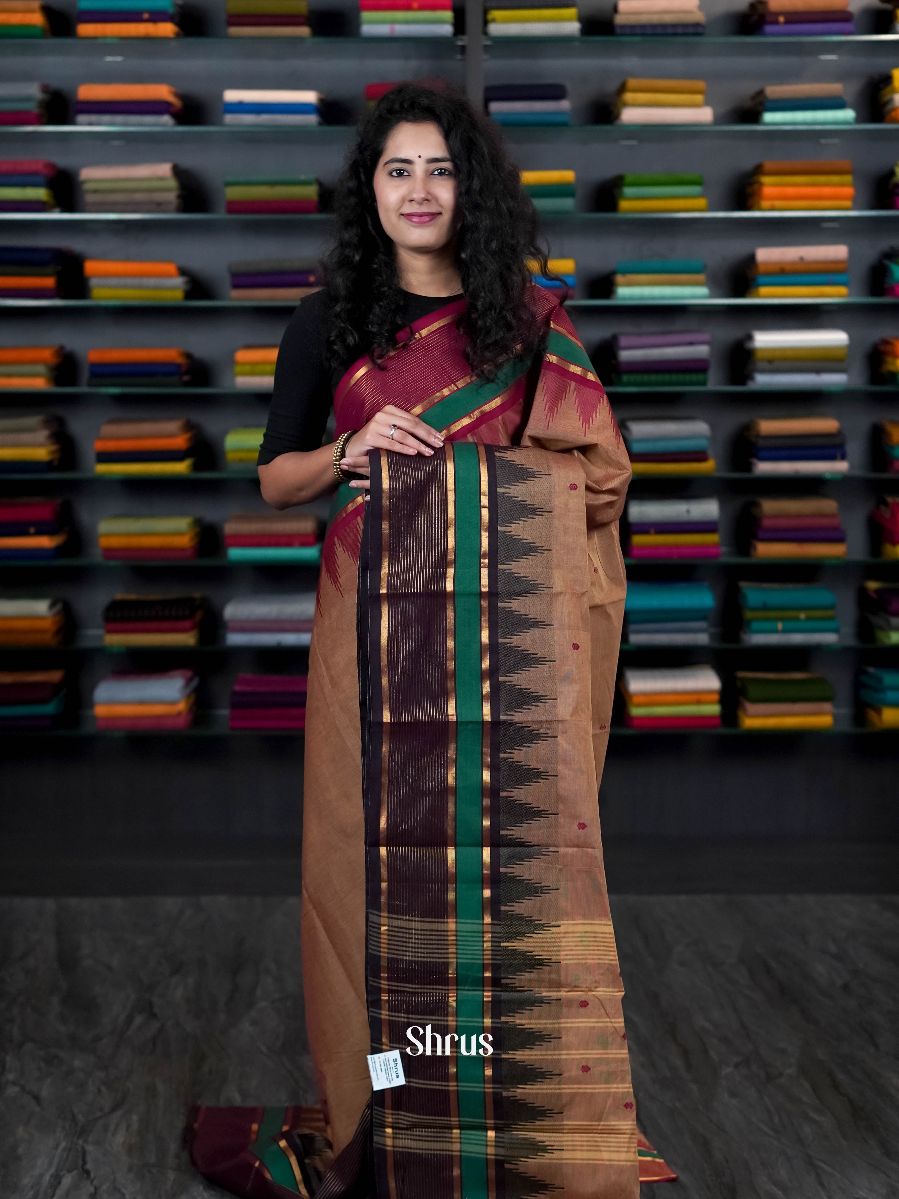 Brown & Maroon - Chettinad Cotton Saree - Shop on ShrusEternity.com