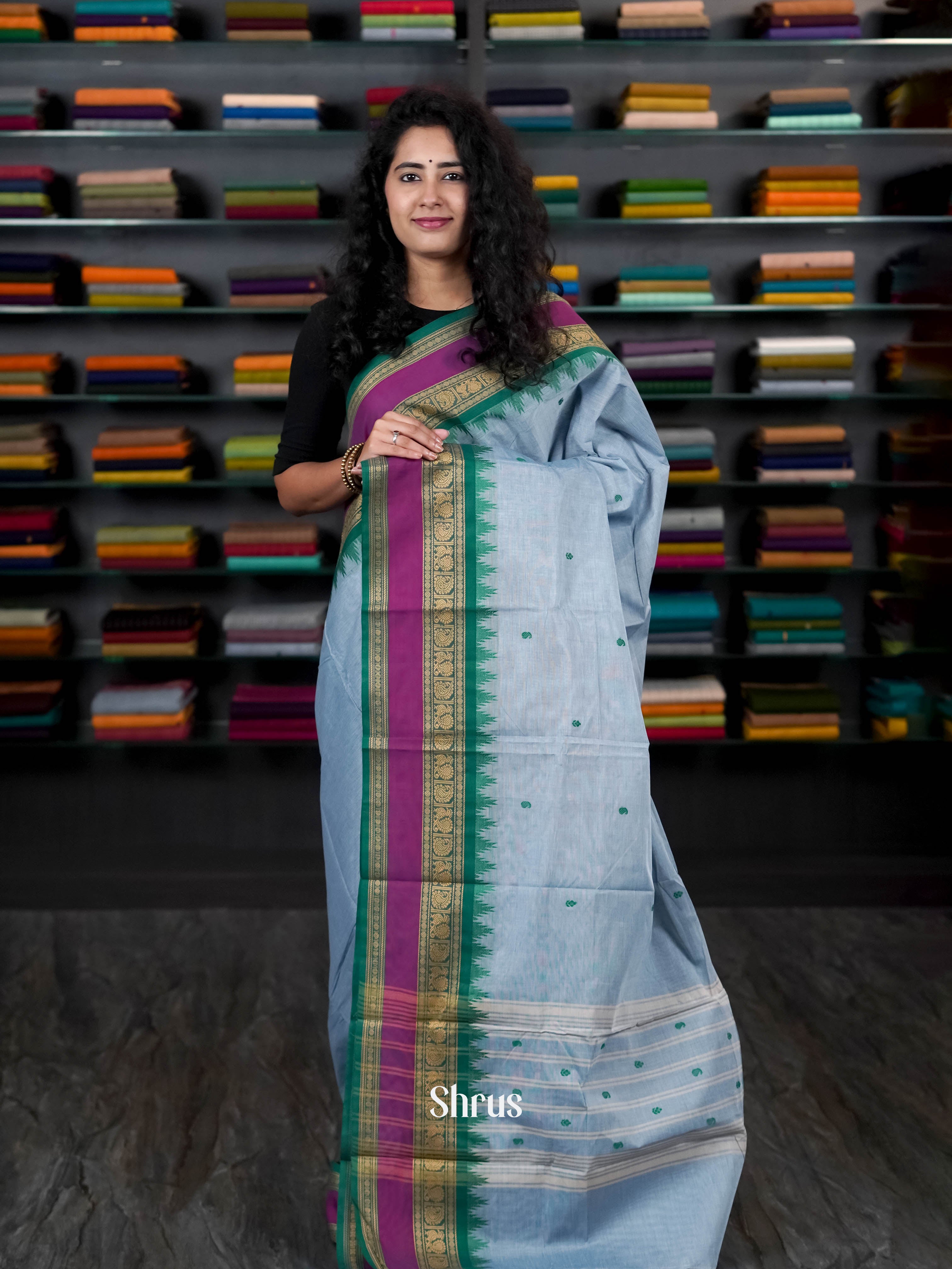 Blue & Green - Chettinad Cotton Saree - Shop on ShrusEternity.com