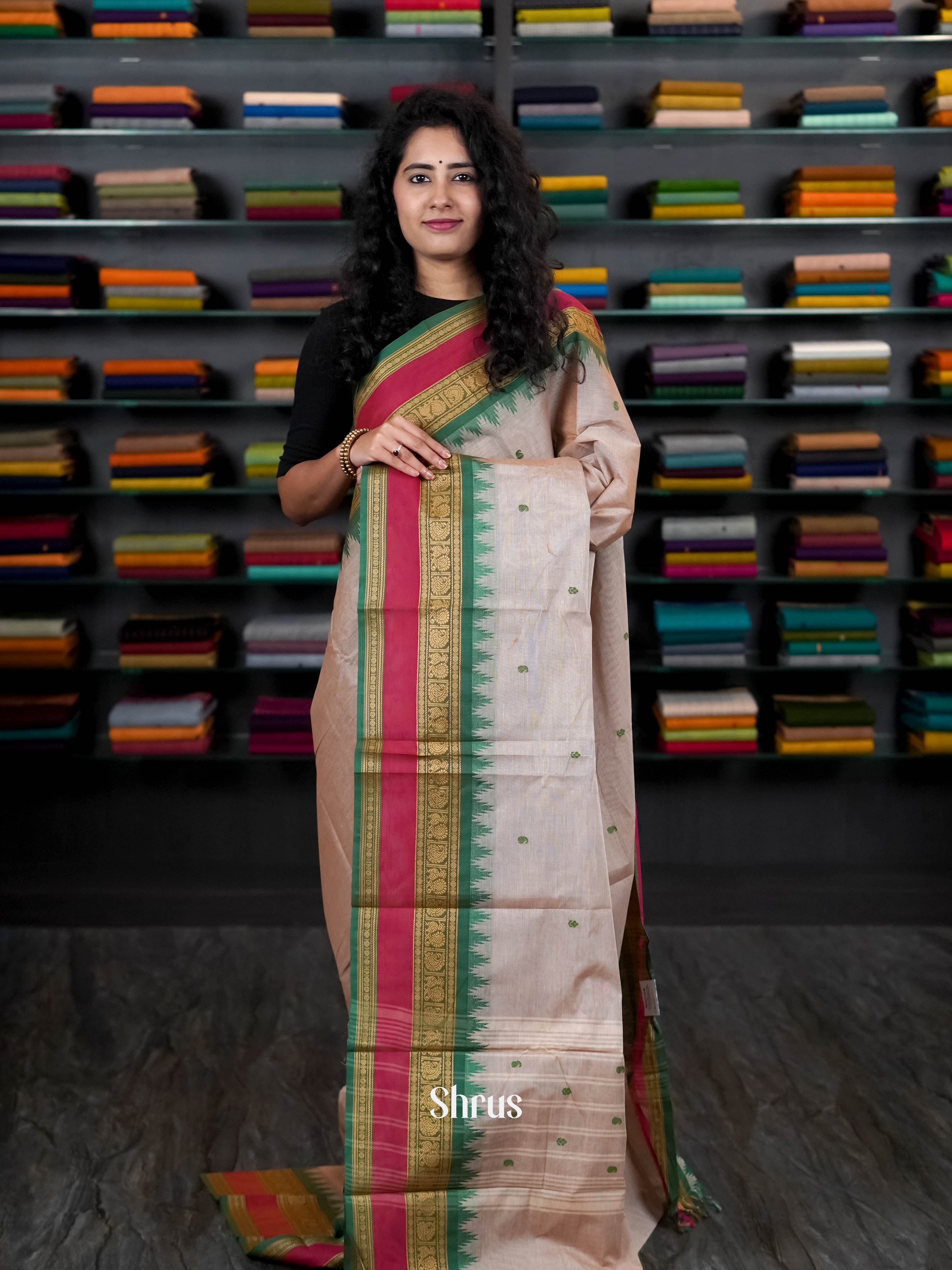 Grey & Green - Chettinad Cotton Saree - Shop on ShrusEternity.com