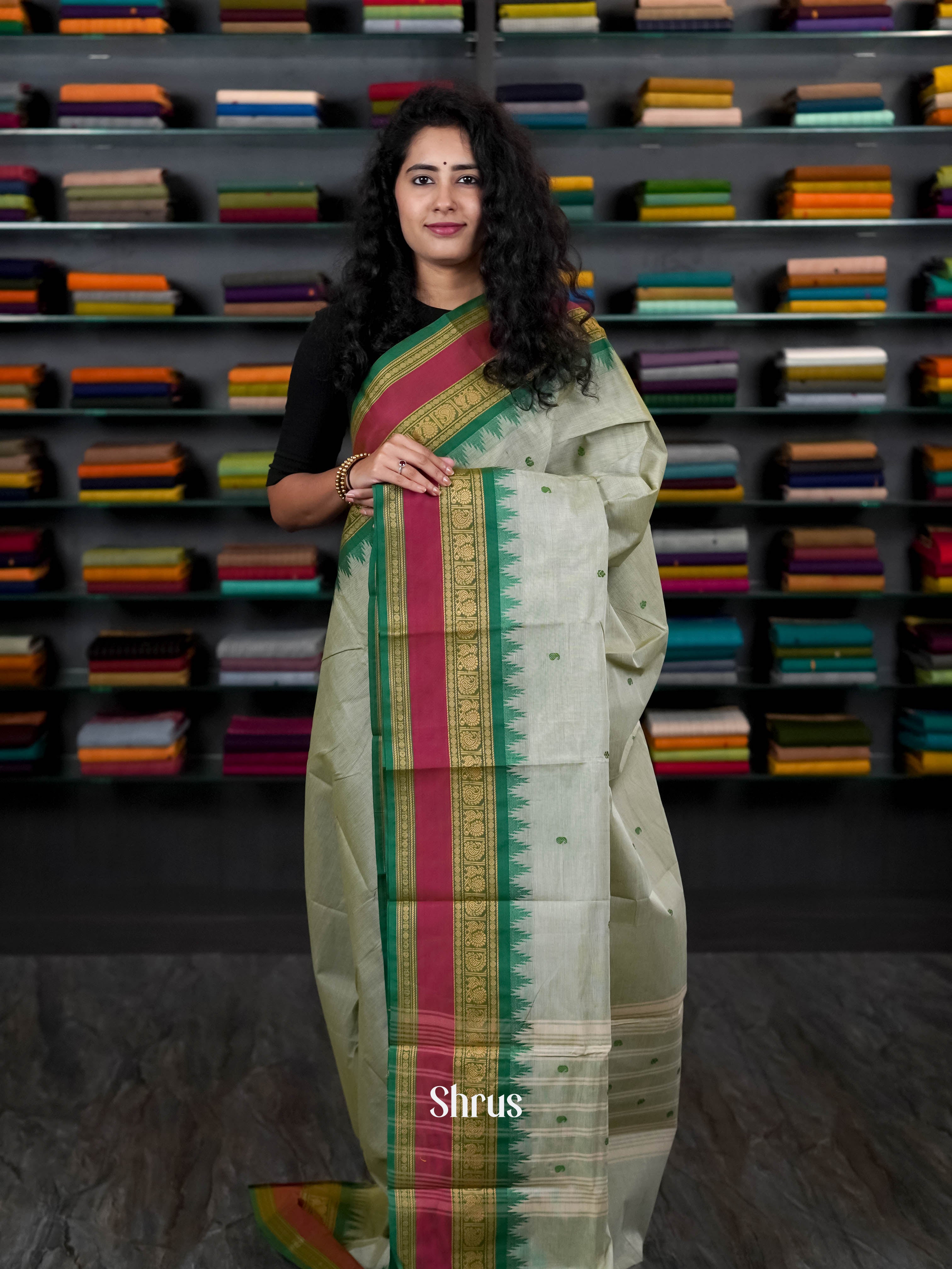 Grey & Green - Chettinad Cotton Saree - Shop on ShrusEternity.com