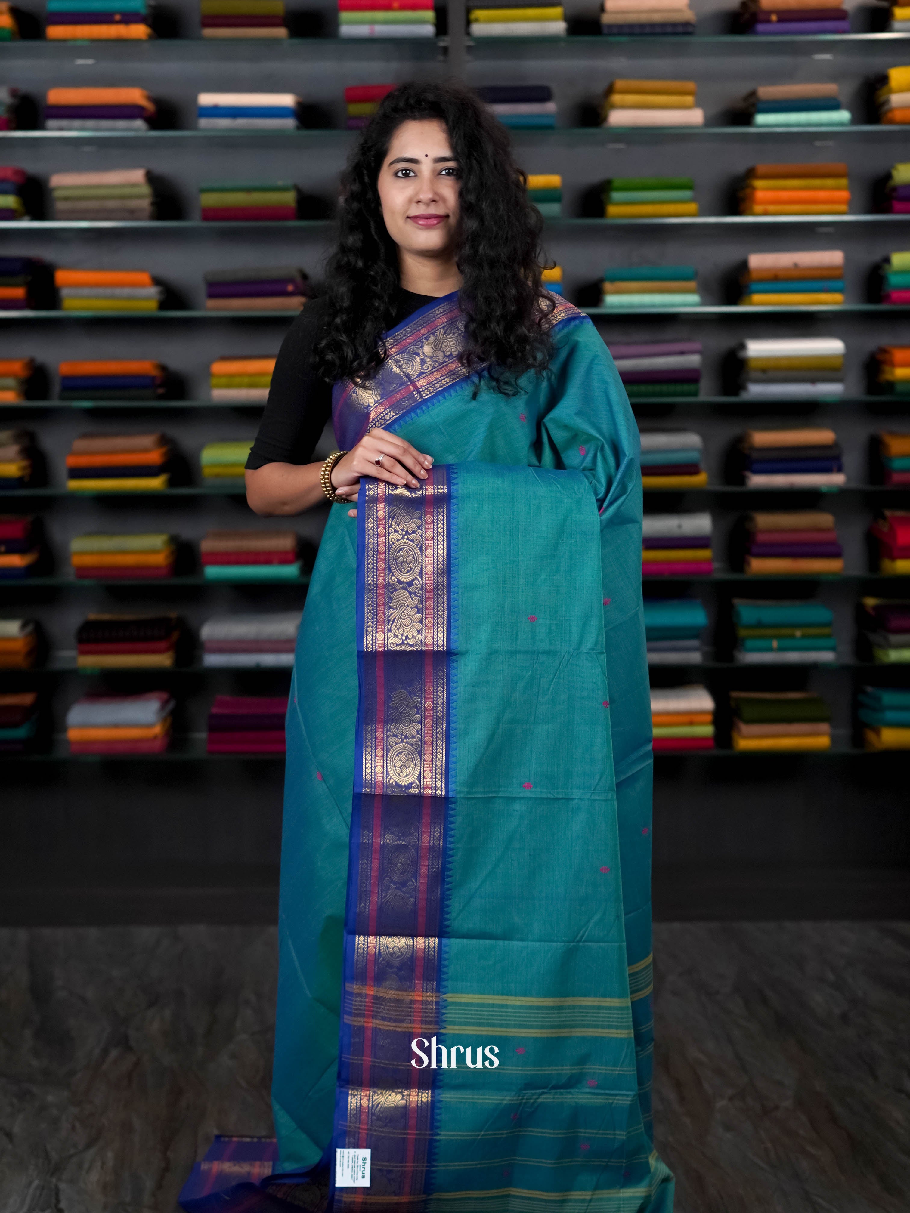 Teal & Blue - Chettinad Cotton Saree - Shop on ShrusEternity.com
