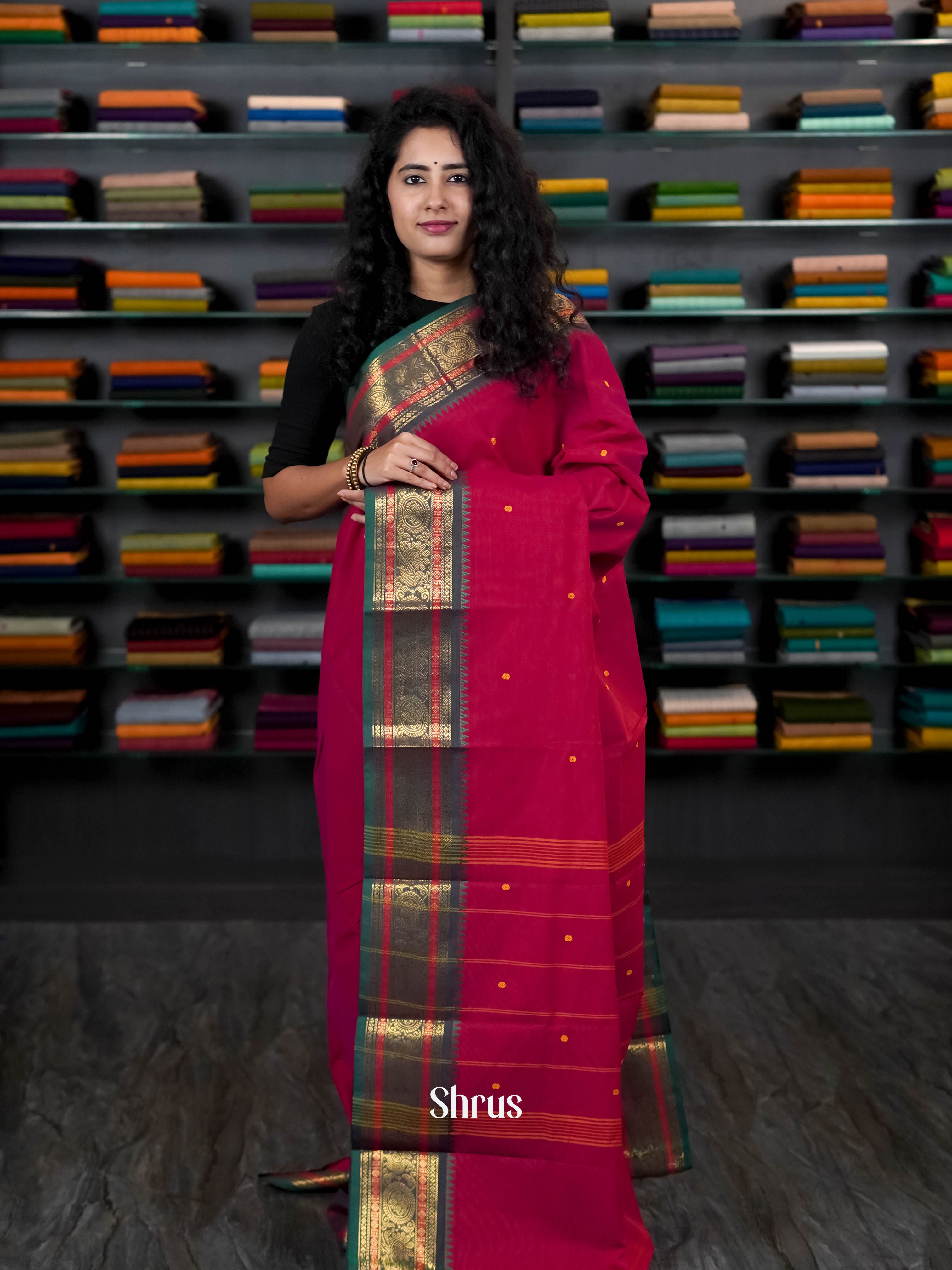 Majenta & Green- Chettinad Cotton Saree - Shop on ShrusEternity.com