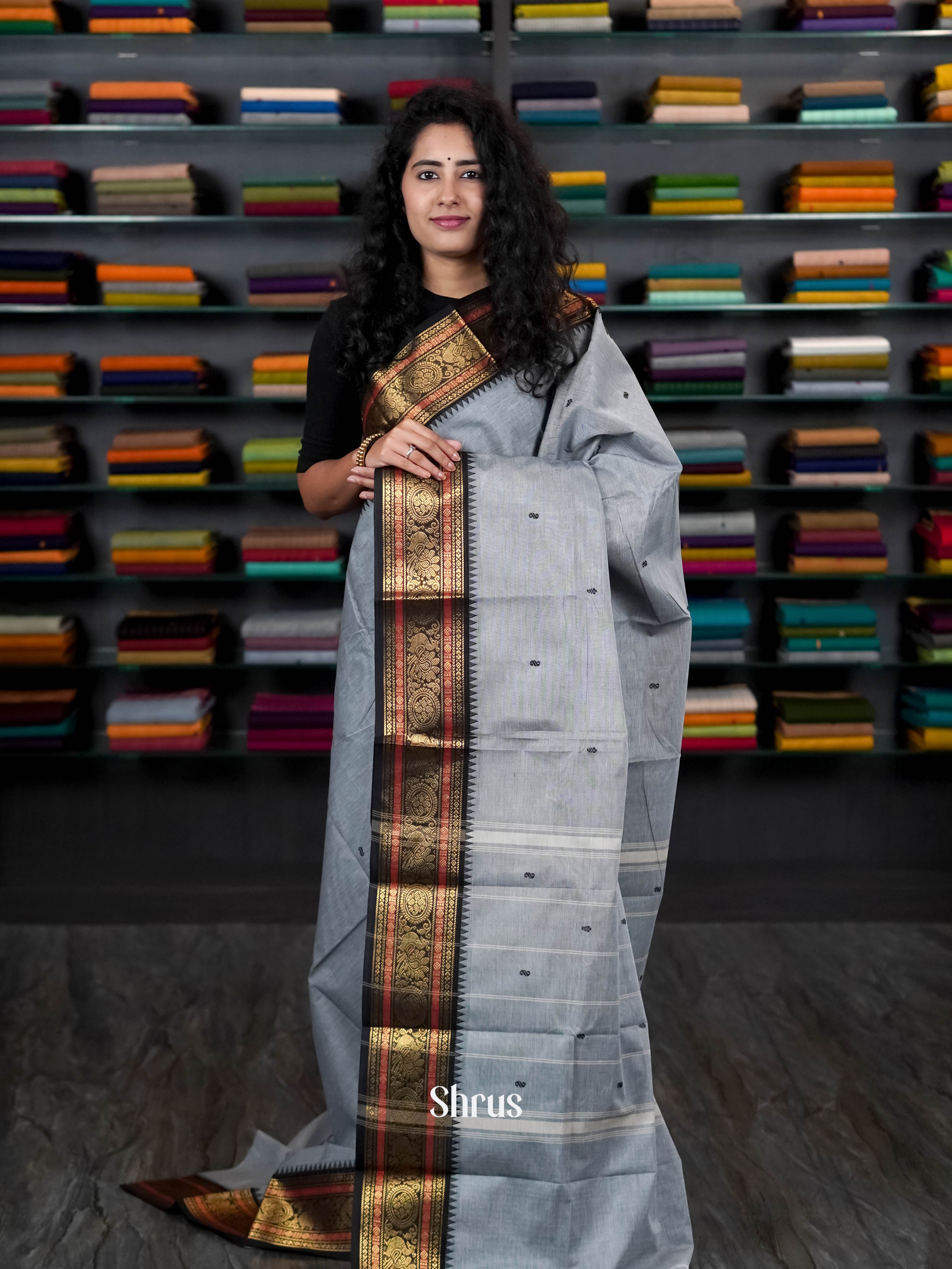 Grey & Black - Chettinad Cotton Saree - Shop on ShrusEternity.com