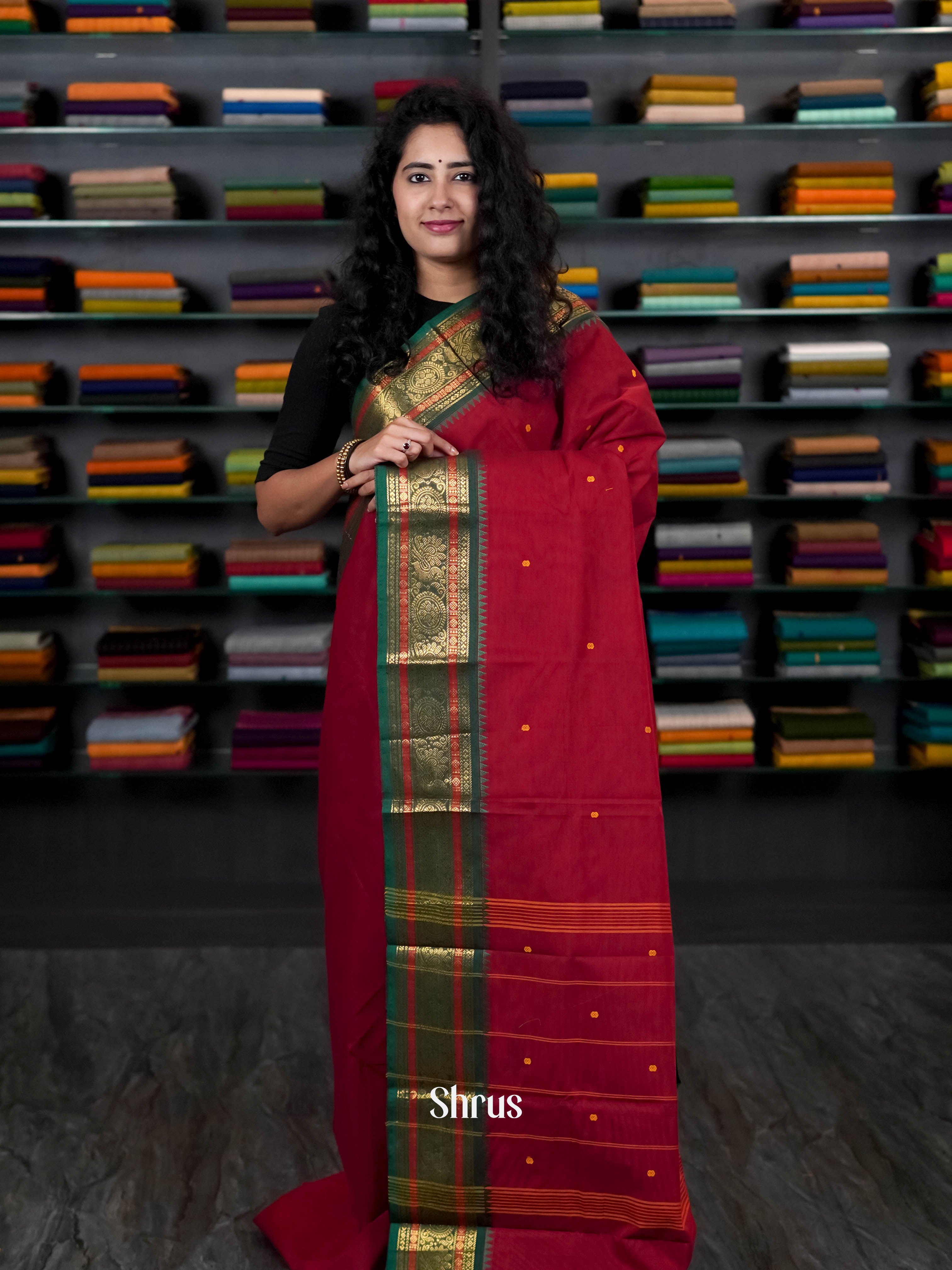 Red & Green - Chettinad Cotton Saree - Shop on ShrusEternity.com