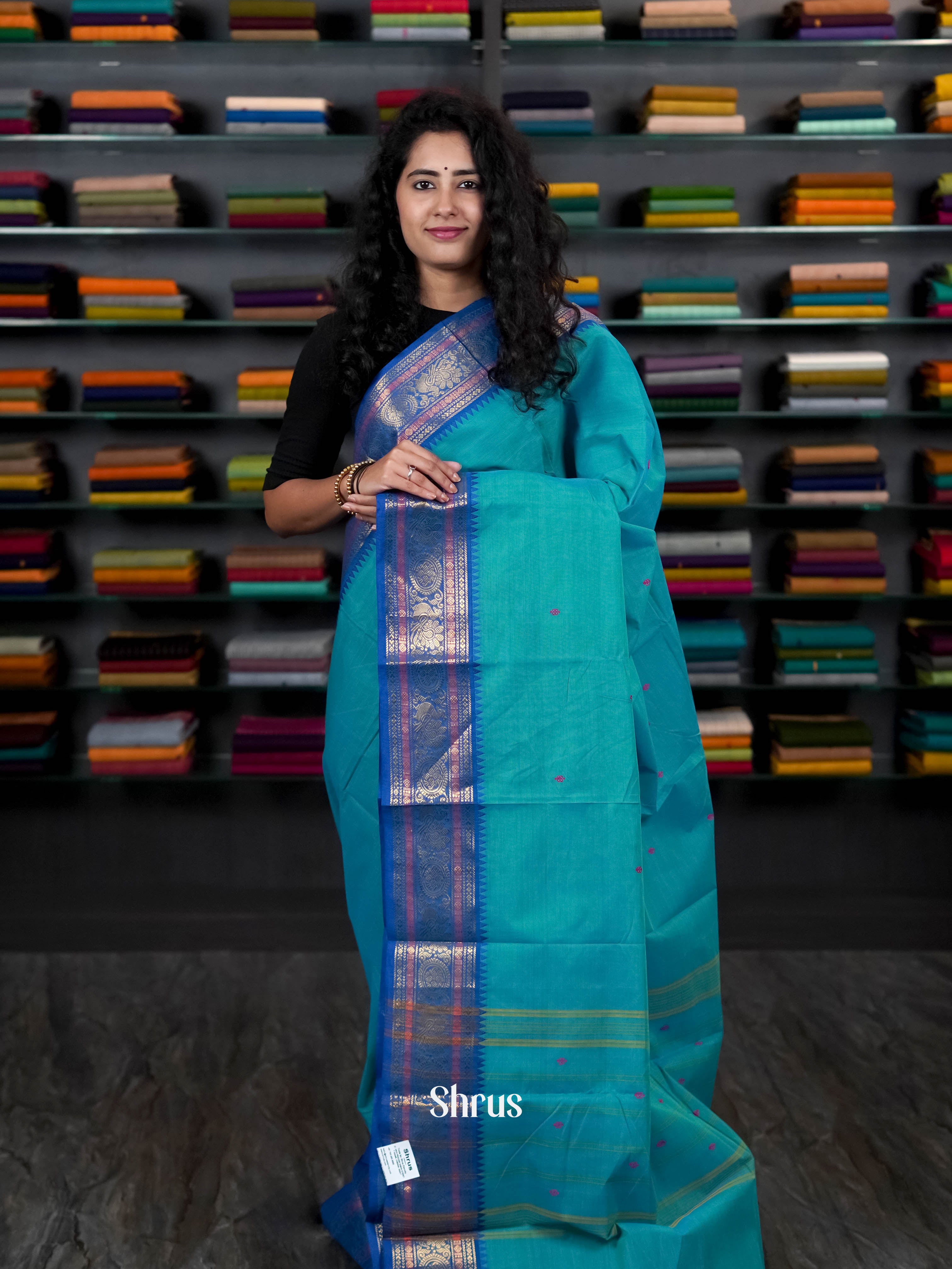 Sky blue & Blue - Chettinad Cotton Saree - Shop on ShrusEternity.com