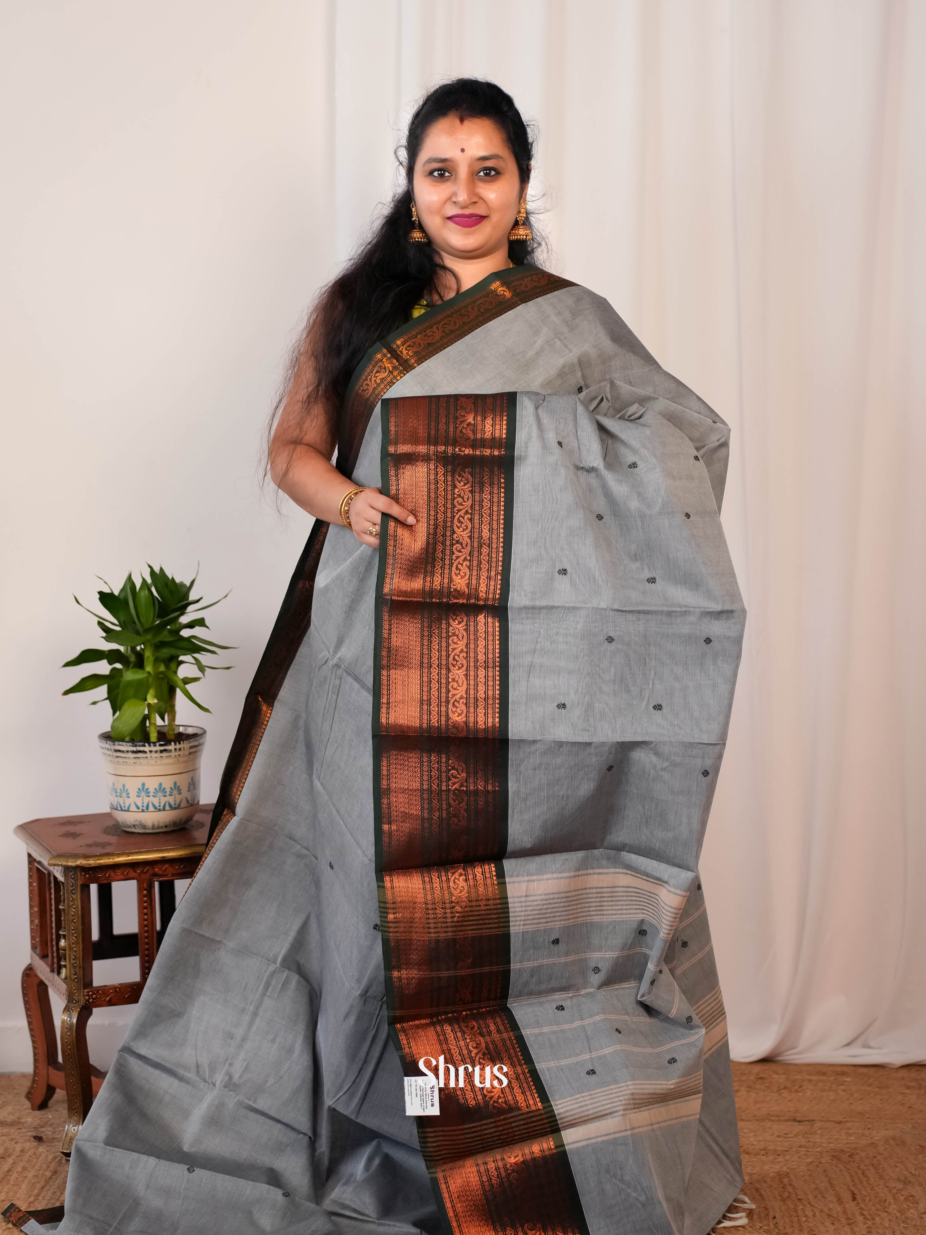 Grey & Black- Chettinad Cotton saree - Shop on ShrusEternity.com