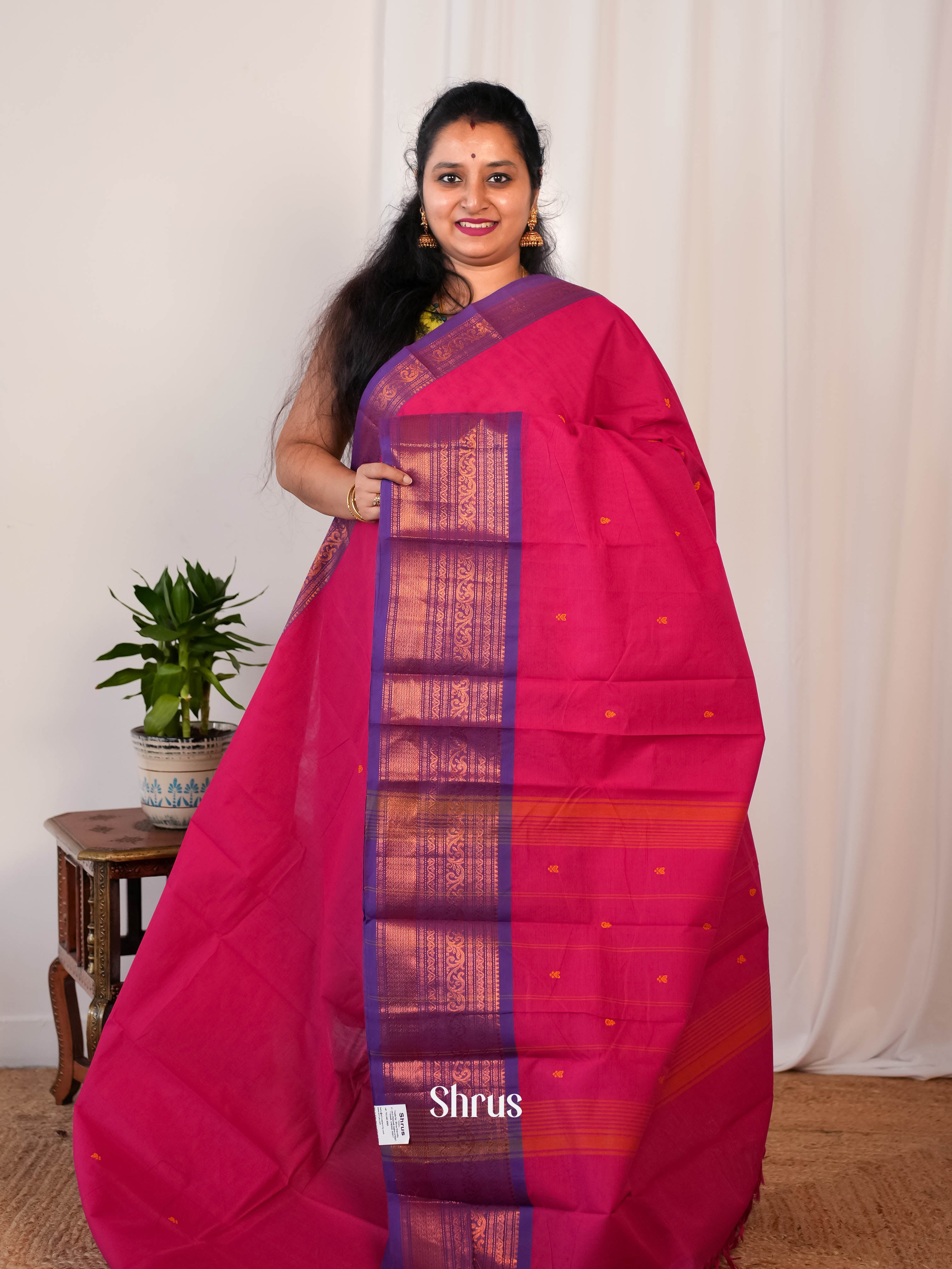 Reddish Pink & Violet- Chettinad Cotton saree - Shop on ShrusEternity.com