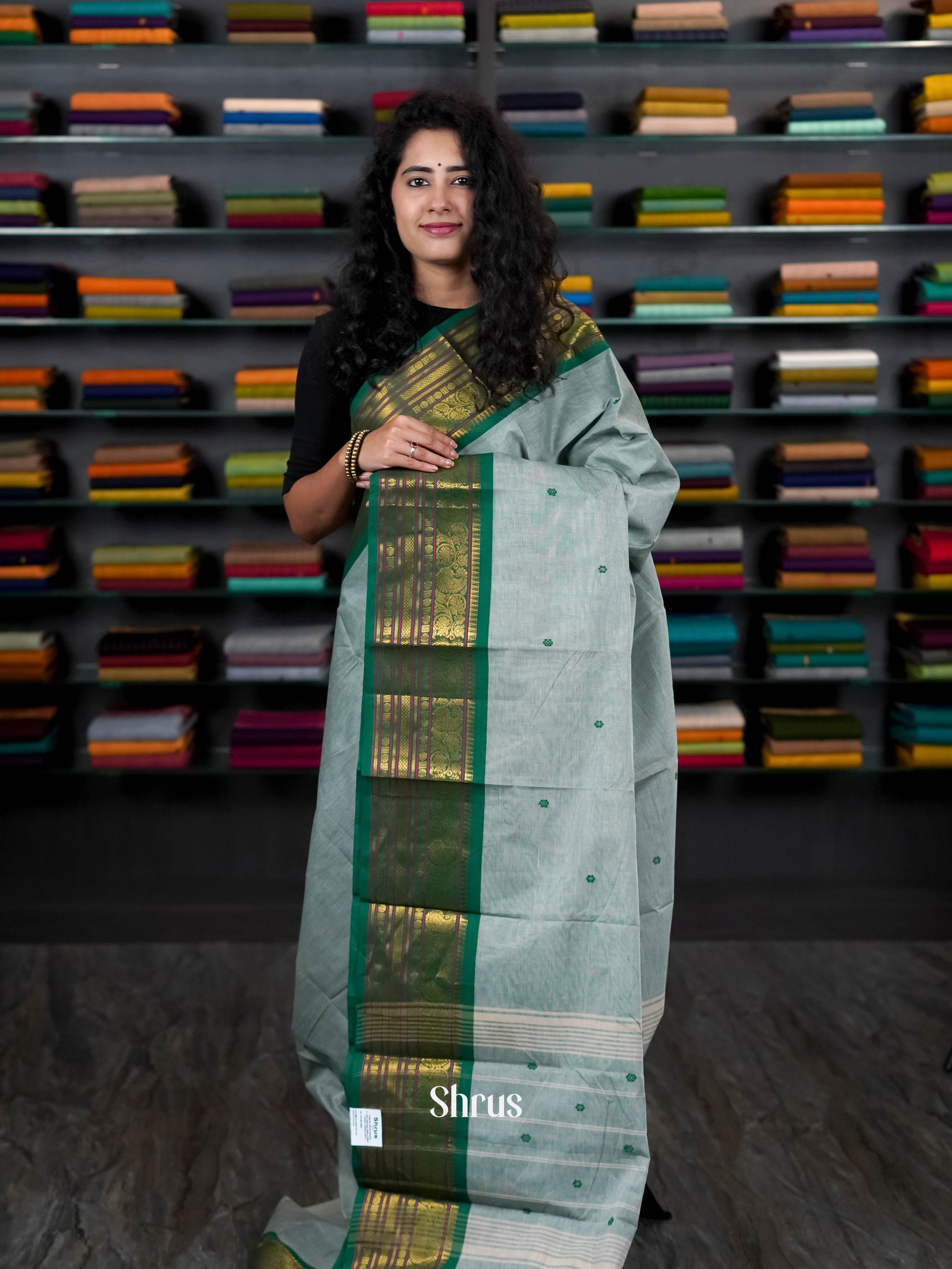 Grey & Green - Chettinad Cotton Saree - Shop on ShrusEternity.com