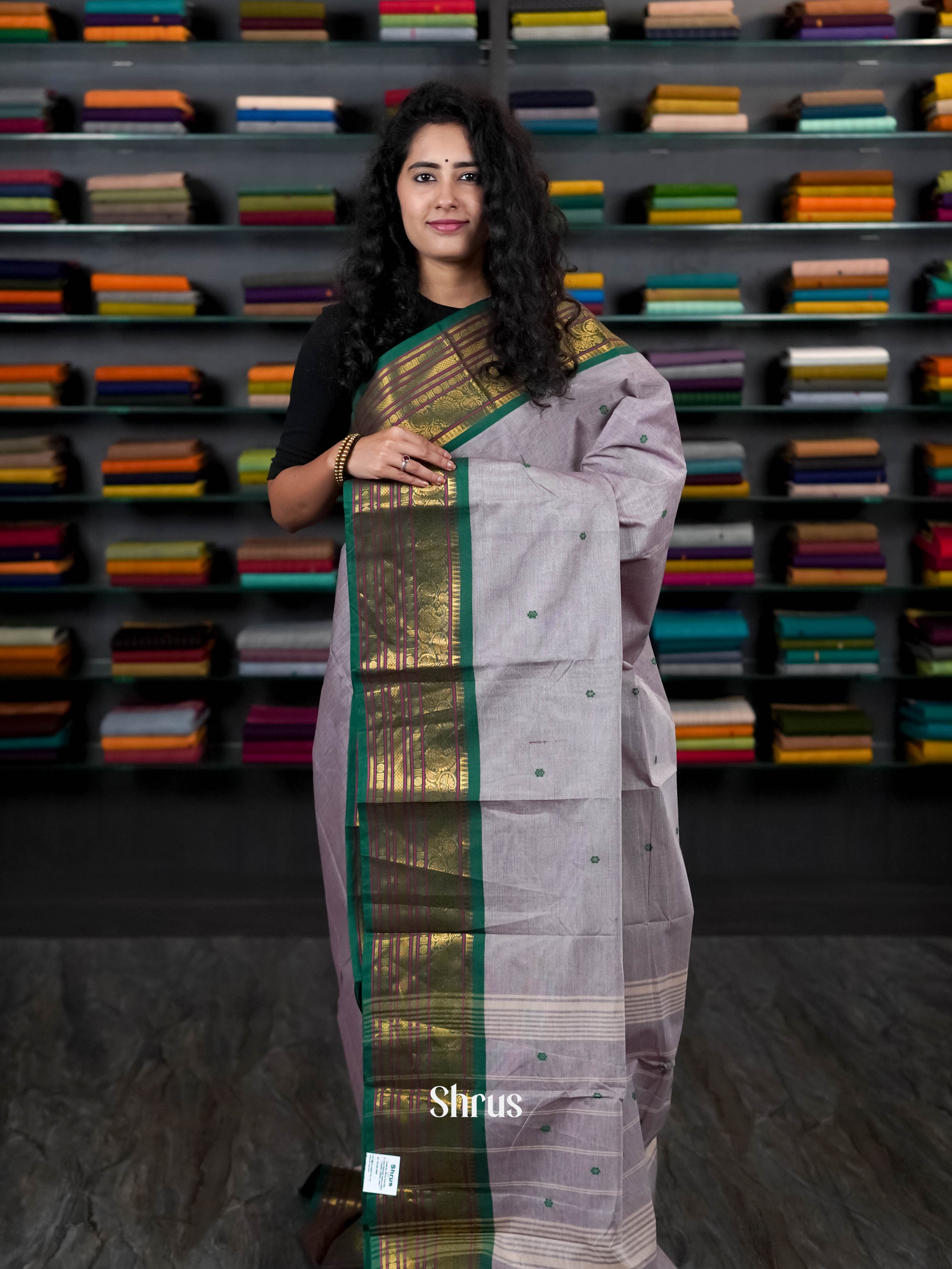 Grey & Green - Chettinad Cotton Saree - Shop on ShrusEternity.com