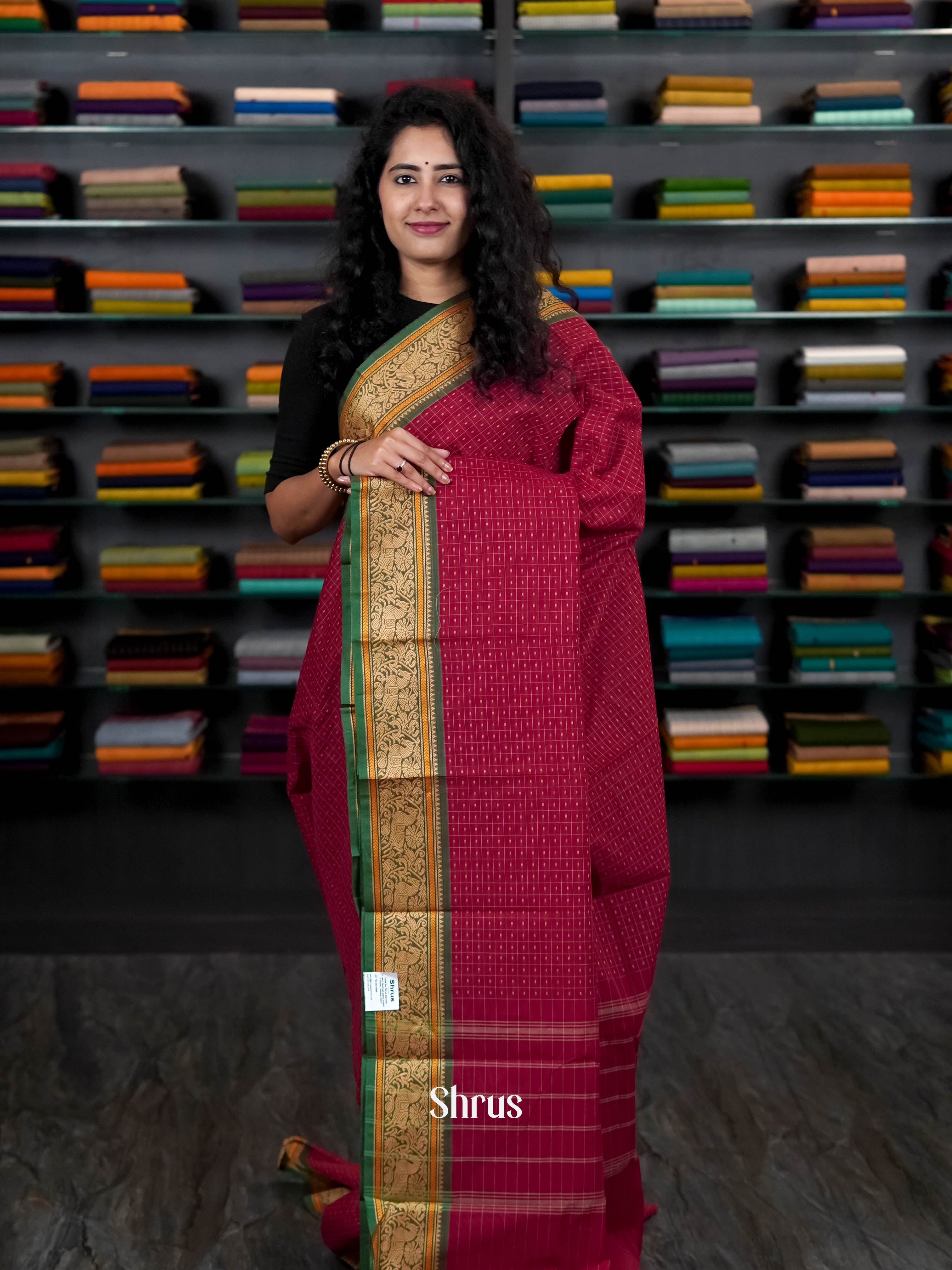 Maroon & Green - Chettinad Cotton Saree - Shop on ShrusEternity.com