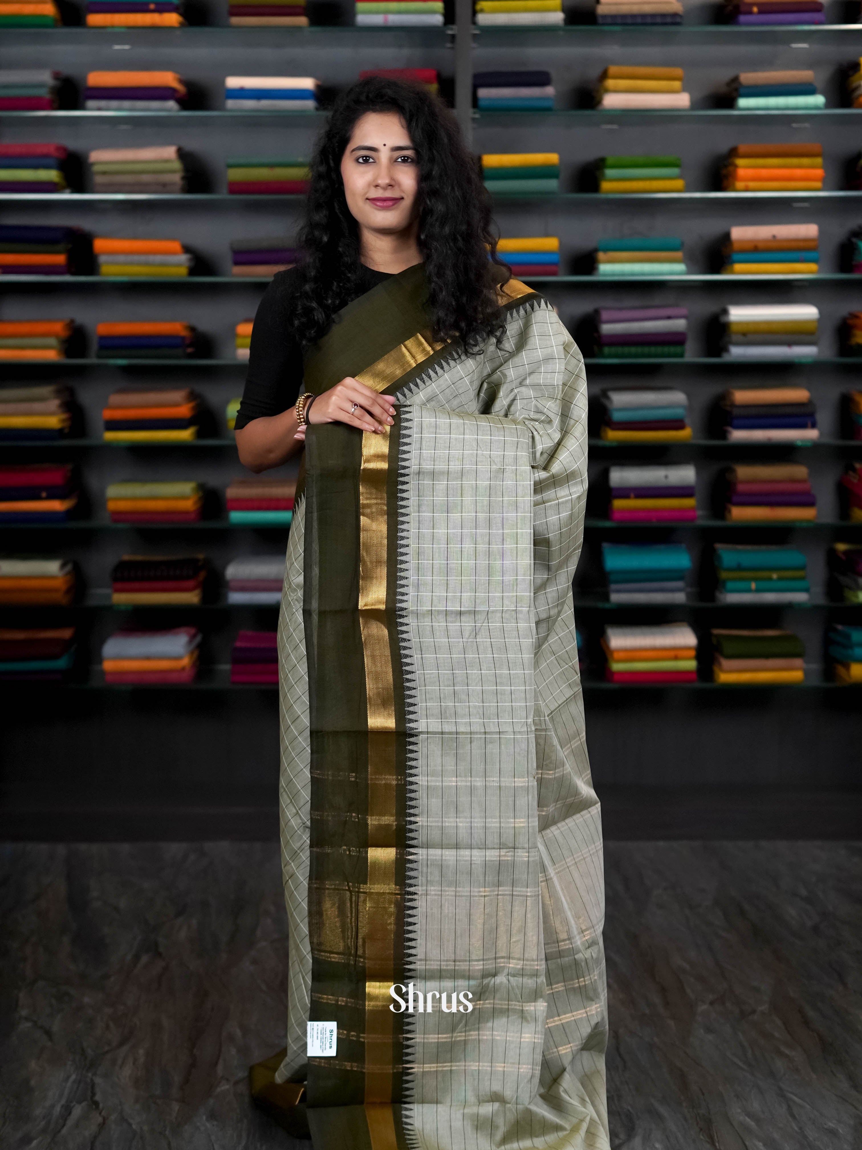 Grey & Green - Chettinad Cotton Saree - Shop on ShrusEternity.com
