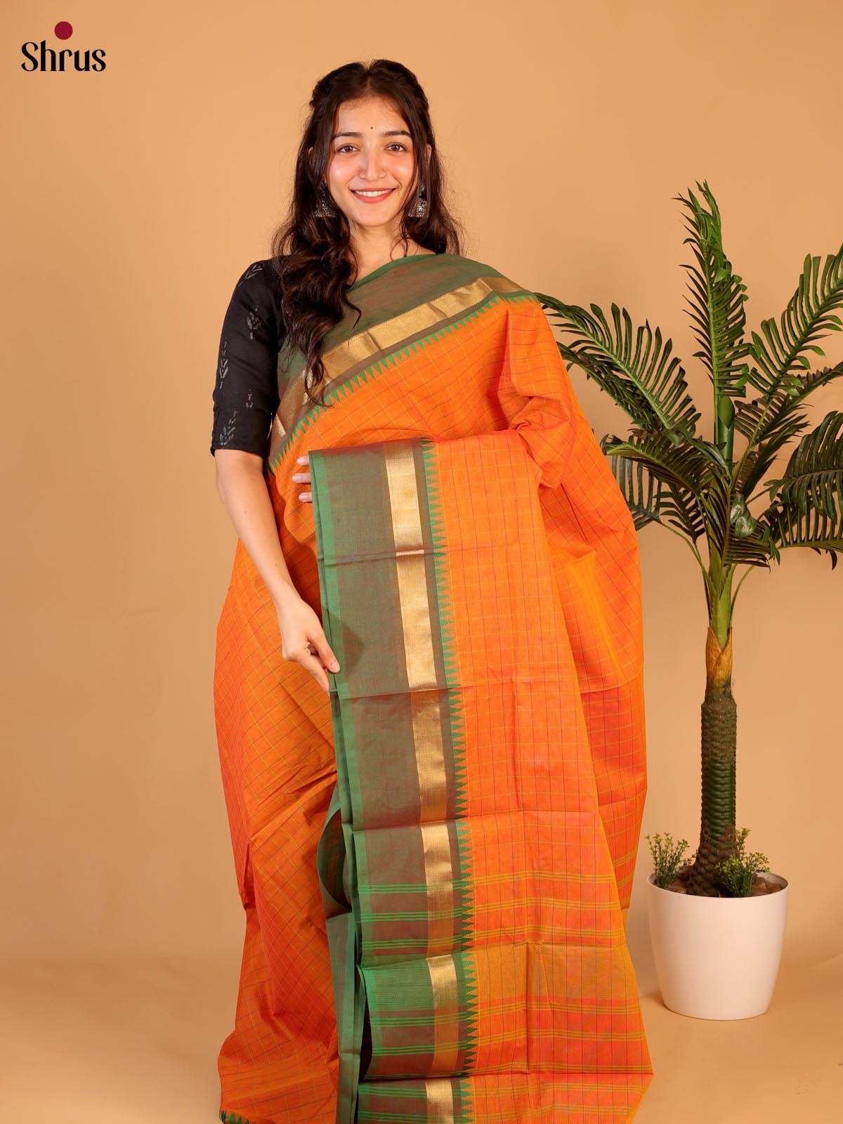 Orange & Green- Chettinad Cotton Saree - Shop on ShrusEternity.com