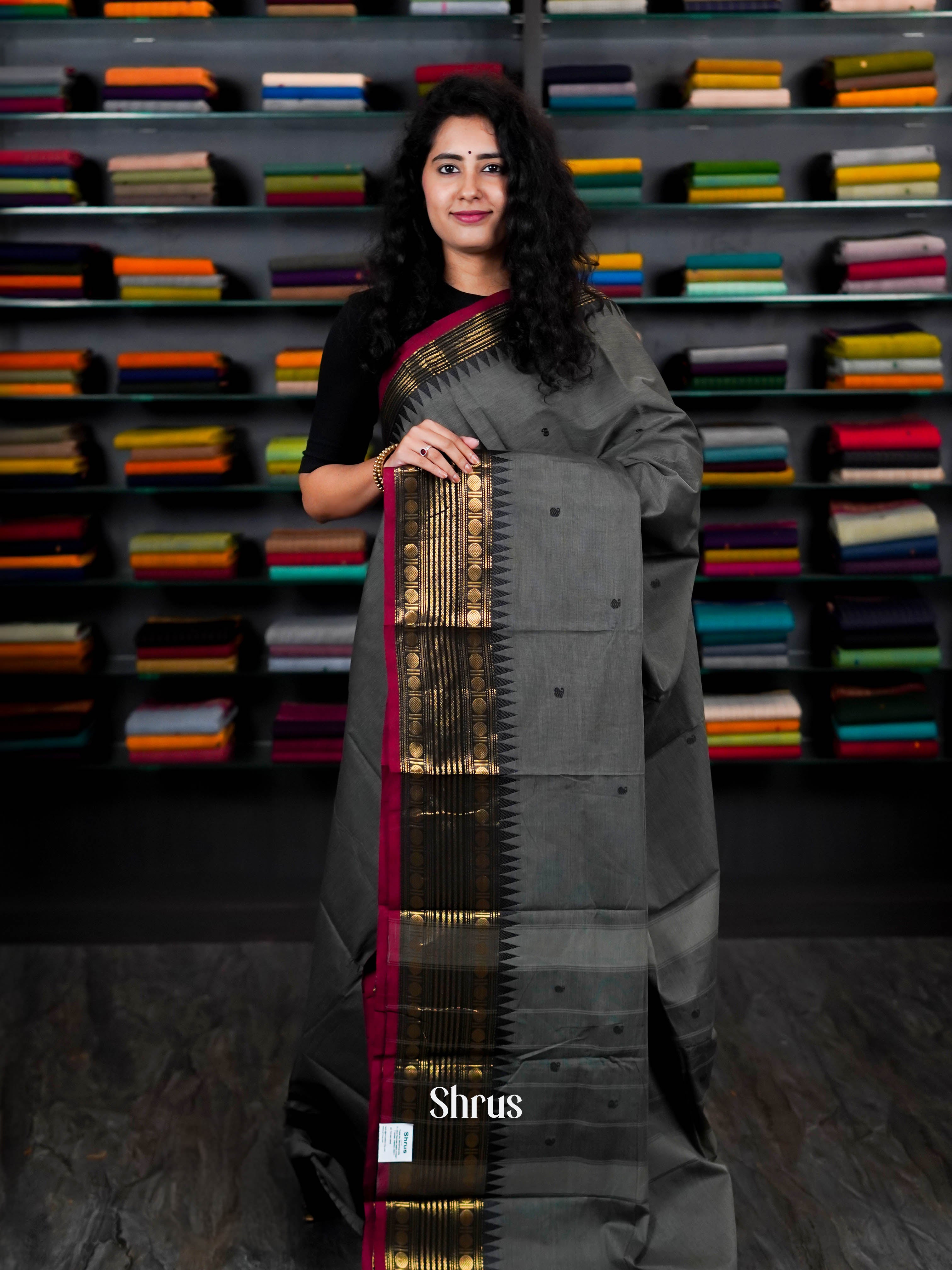 Grey & Black - Chettinad Cotton Saree - Shop on ShrusEternity.com