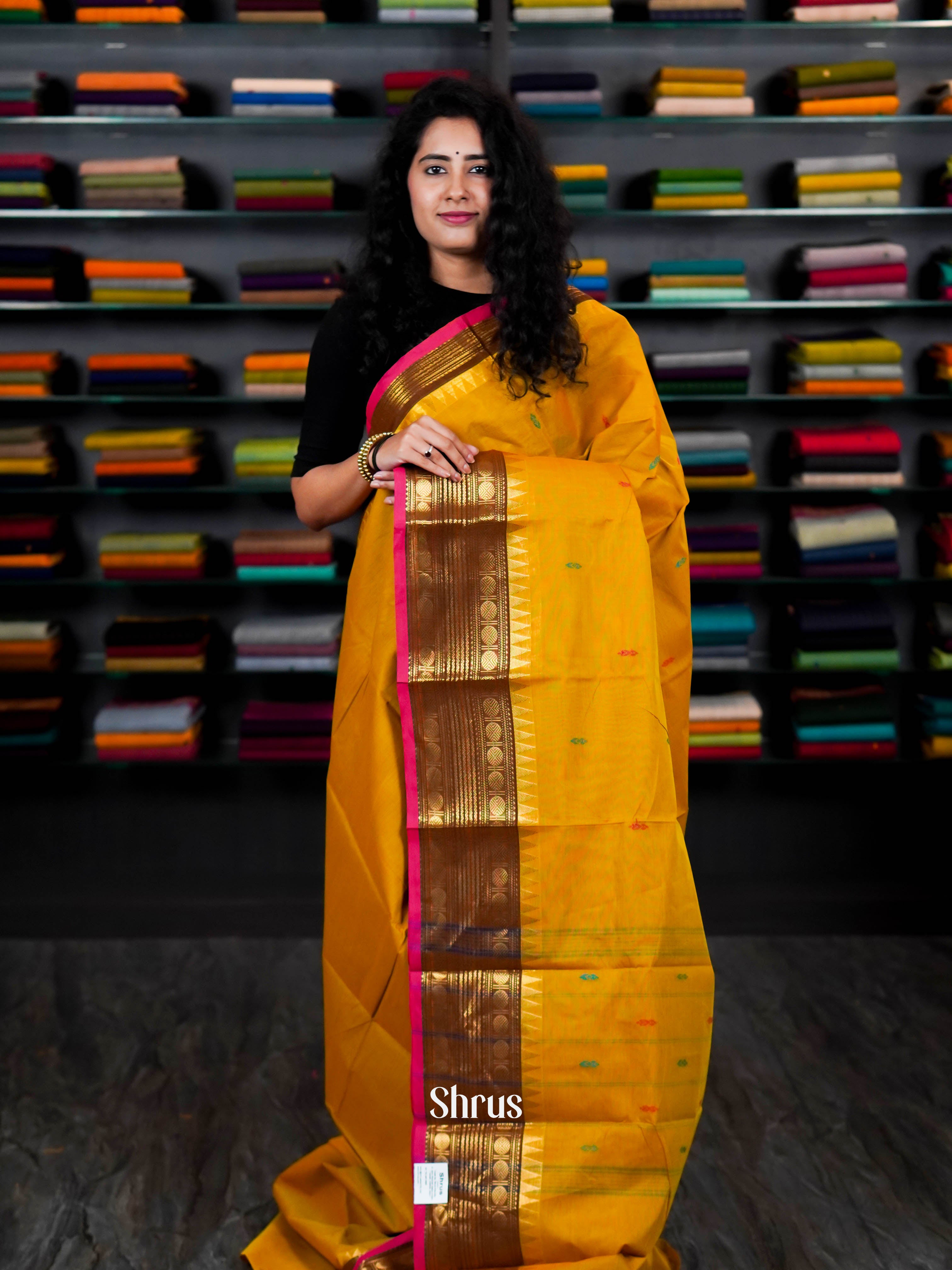 Mustard & red - Chettinad Cotton Saree - Shop on ShrusEternity.com
