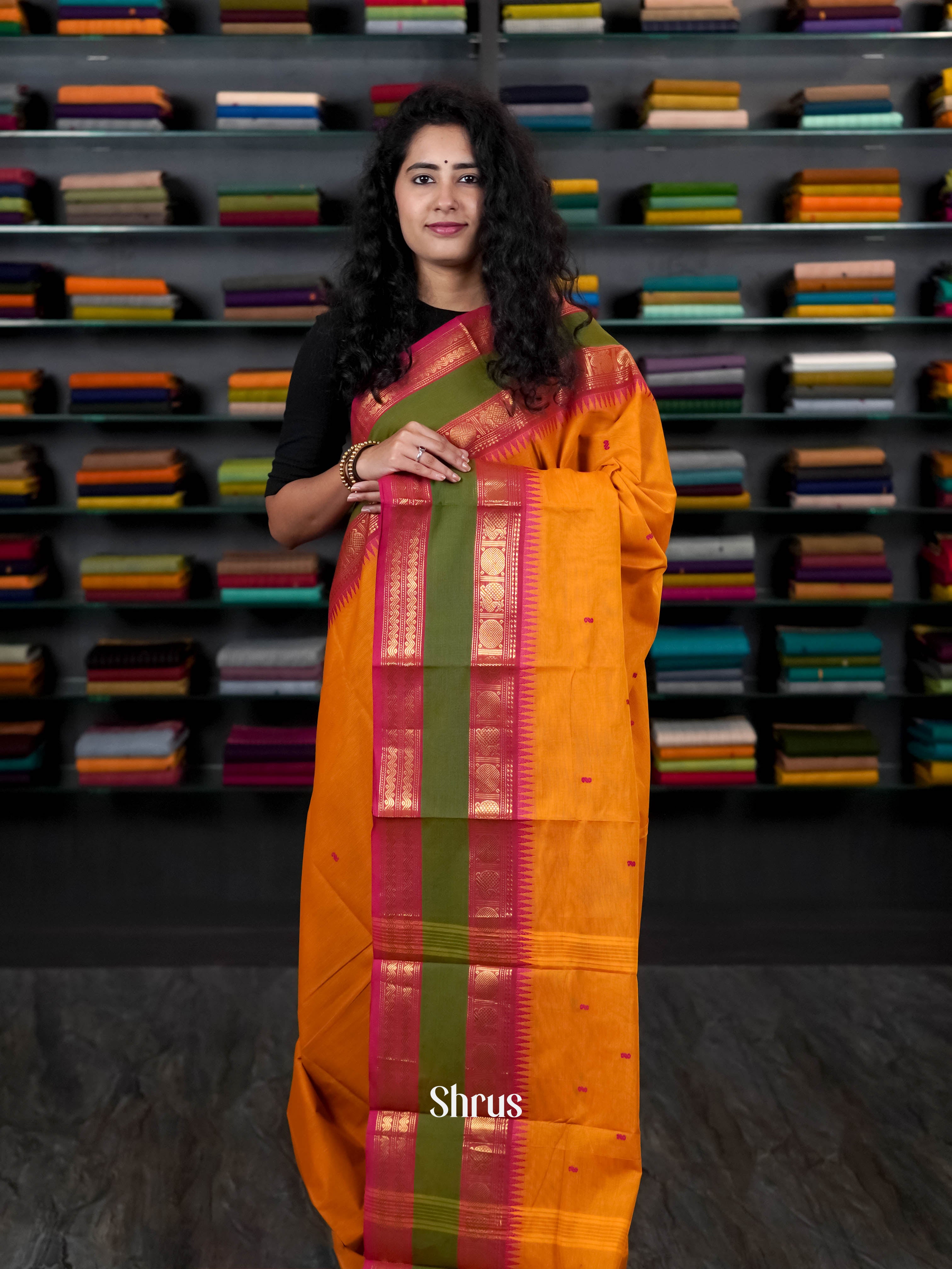 Orange & Green - Chettinad Cotton Saree - Shop on ShrusEternity.com