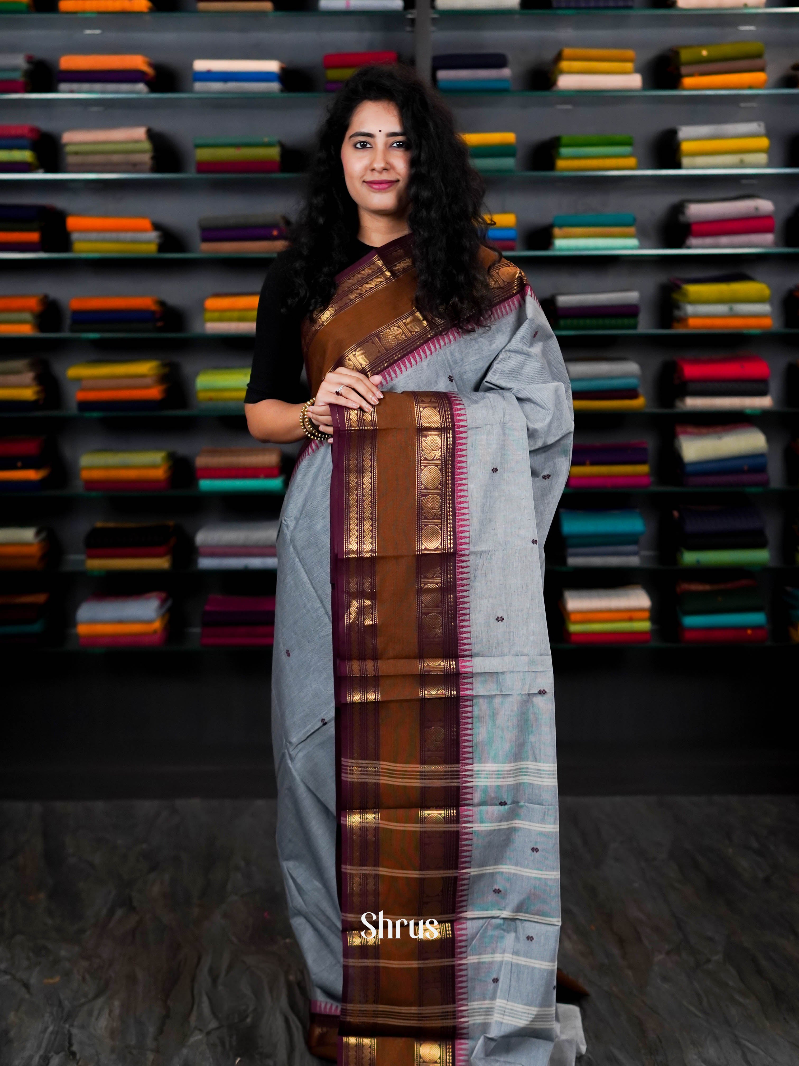 Grey & Brown - Chettinad Cotton Saree - Shop on ShrusEternity.com