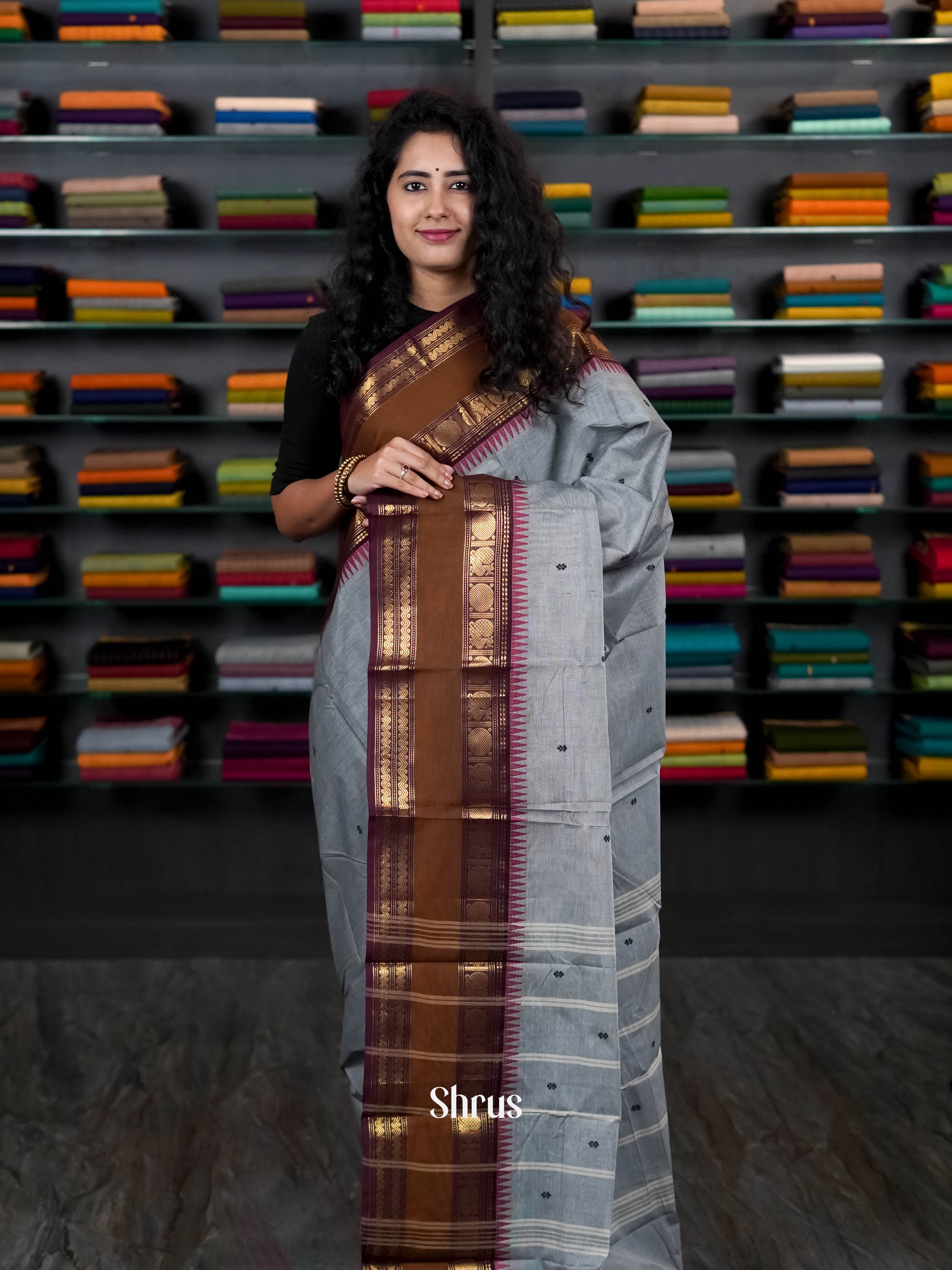 Grey & Brown - Chettinad Cotton Saree - Shop on ShrusEternity.com