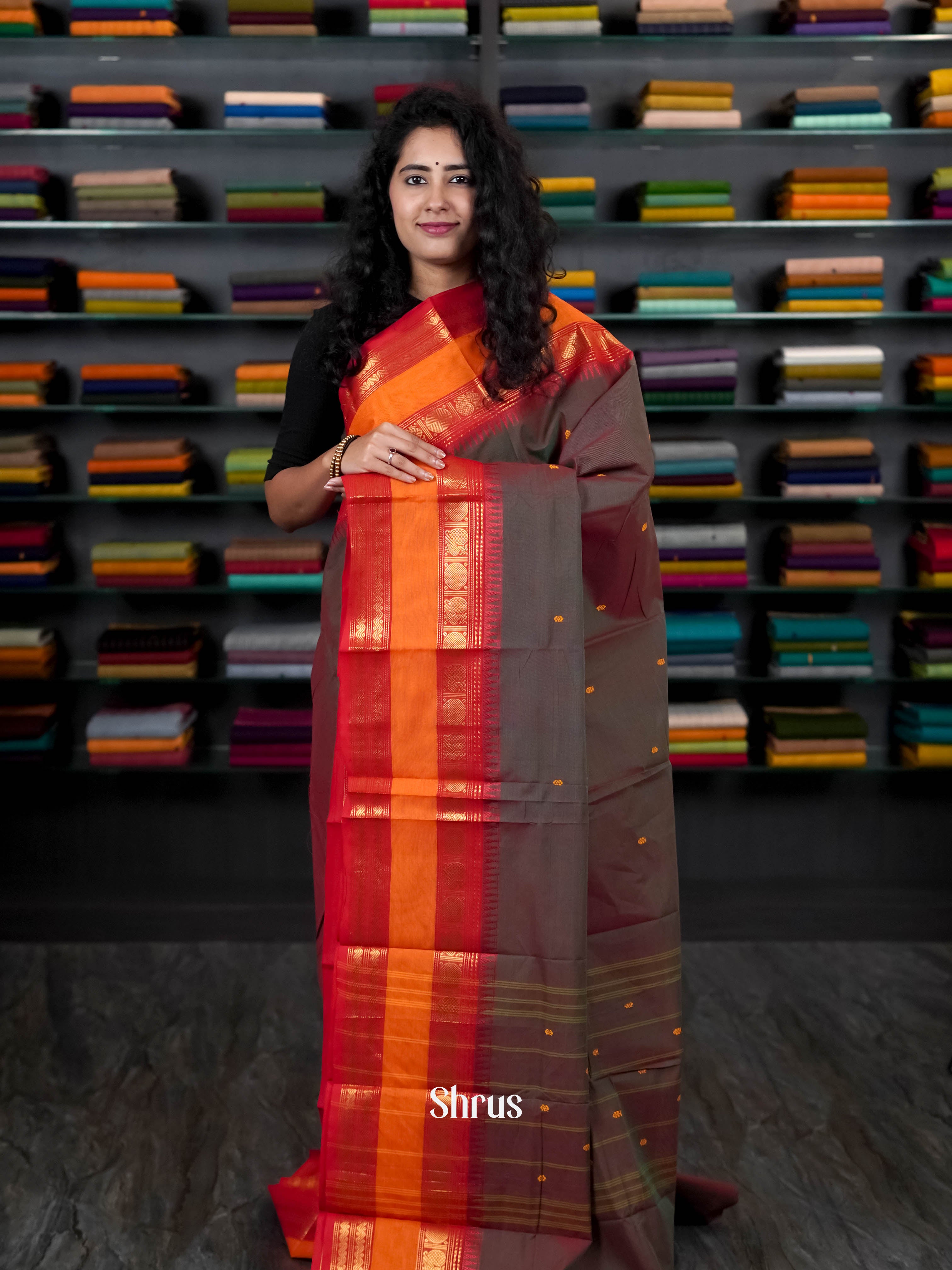 Grey & Red- Chettinad Cotton Saree - Shop on ShrusEternity.com