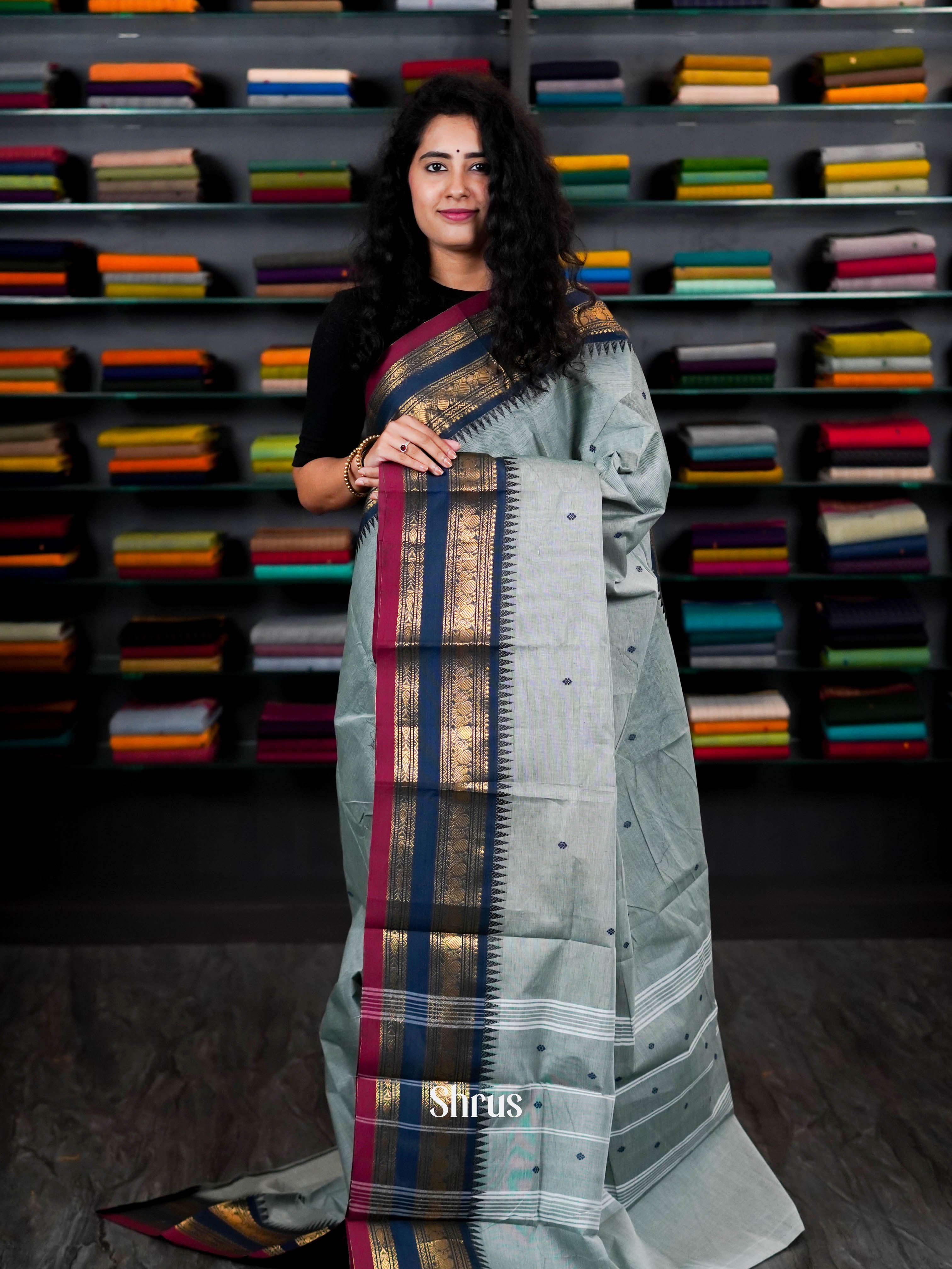 Grey & Blue - Chettinad Cotton Saree - Shop on ShrusEternity.com