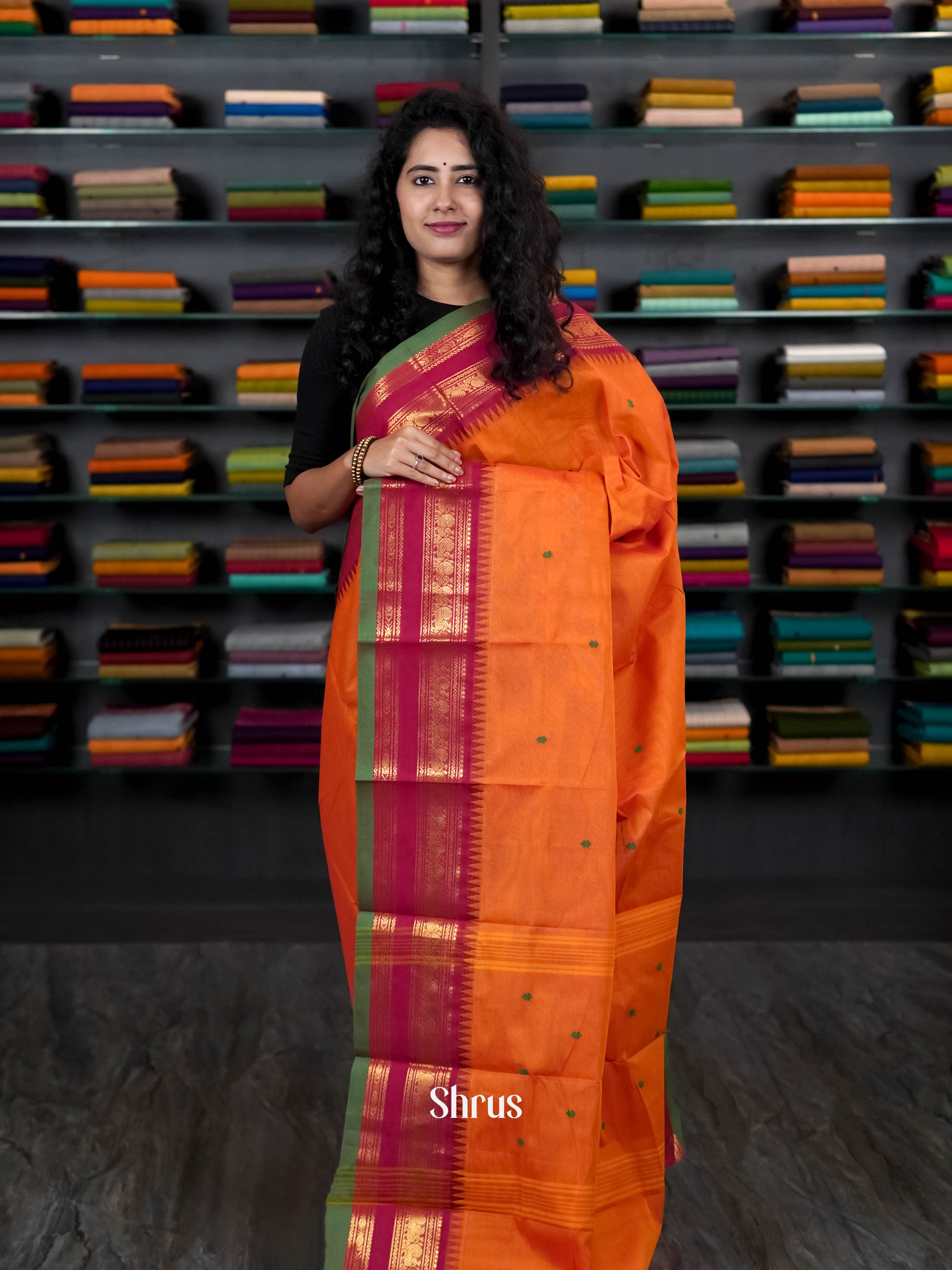 Orange & Maroon - Chettinad Cotton Saree - Shop on ShrusEternity.com