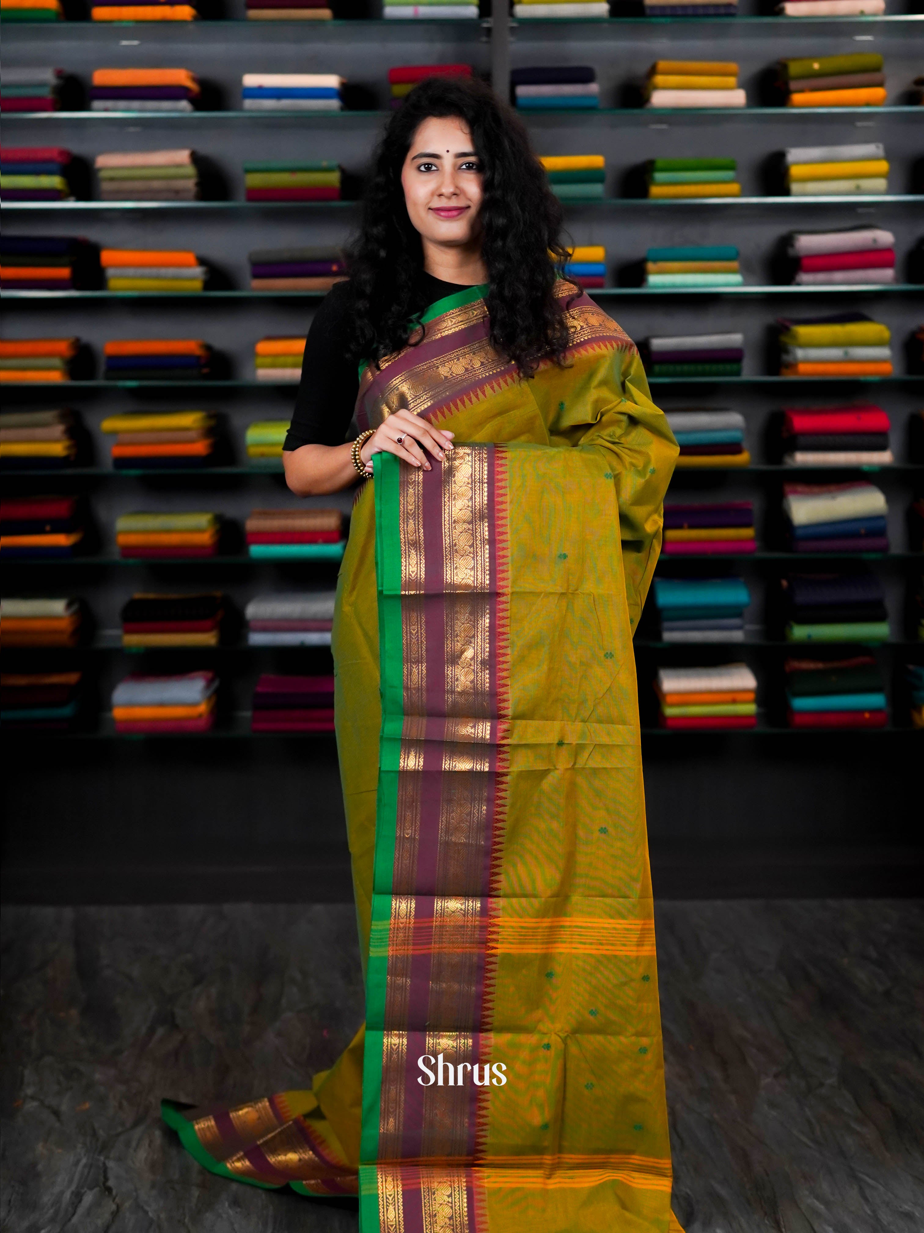 Greenish Yellow & Brown - Chettinad Cotton Saree - Shop on ShrusEternity.com