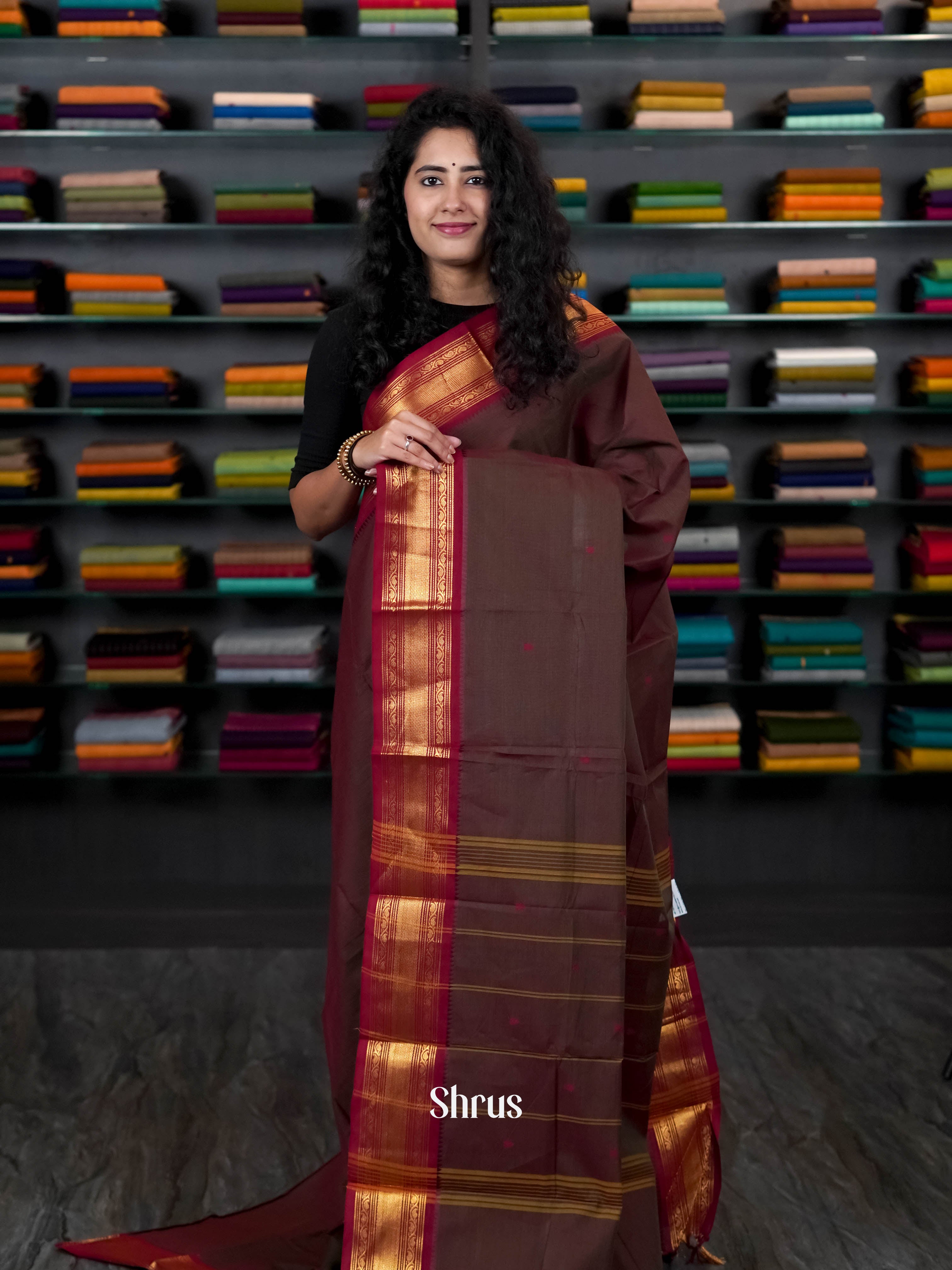 Brown & Maroon- Chettinad Cotton Saree - Shop on ShrusEternity.com