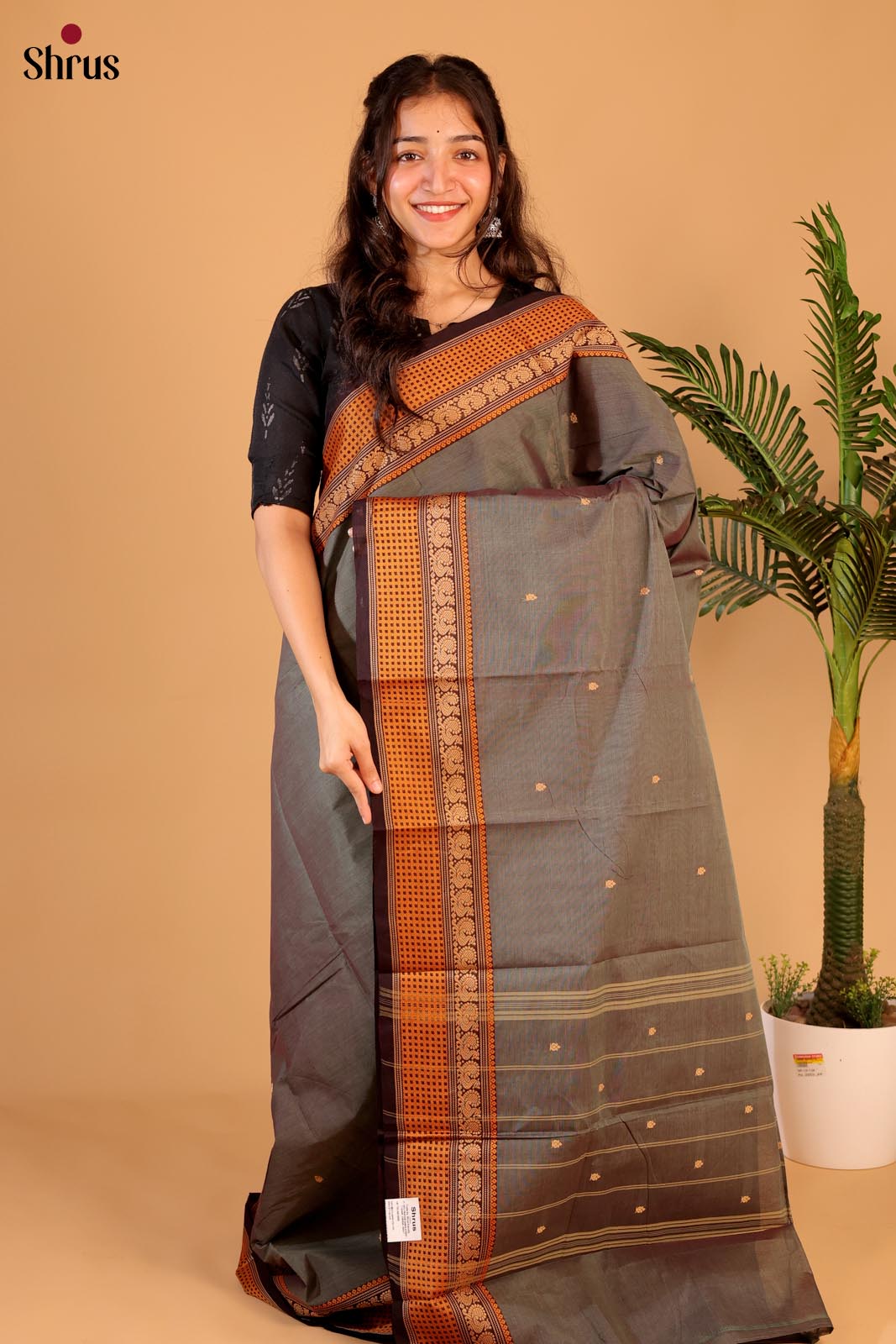 Grey & Brown - Chettinad Cotton Saree - Shop on ShrusEternity.com