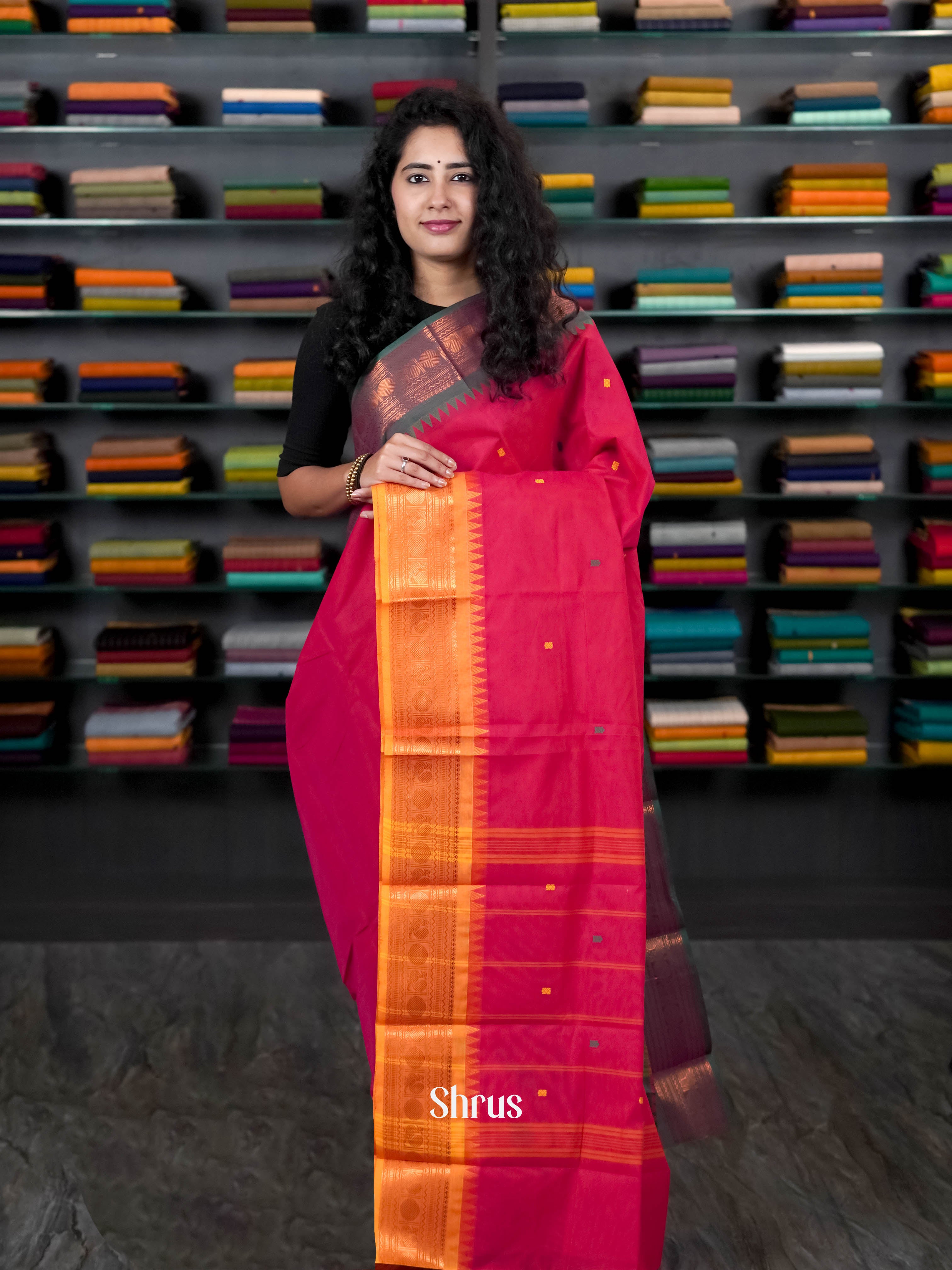 Rosy Red & Mustard - Chettinad Cotton Saree - Shop on ShrusEternity.com