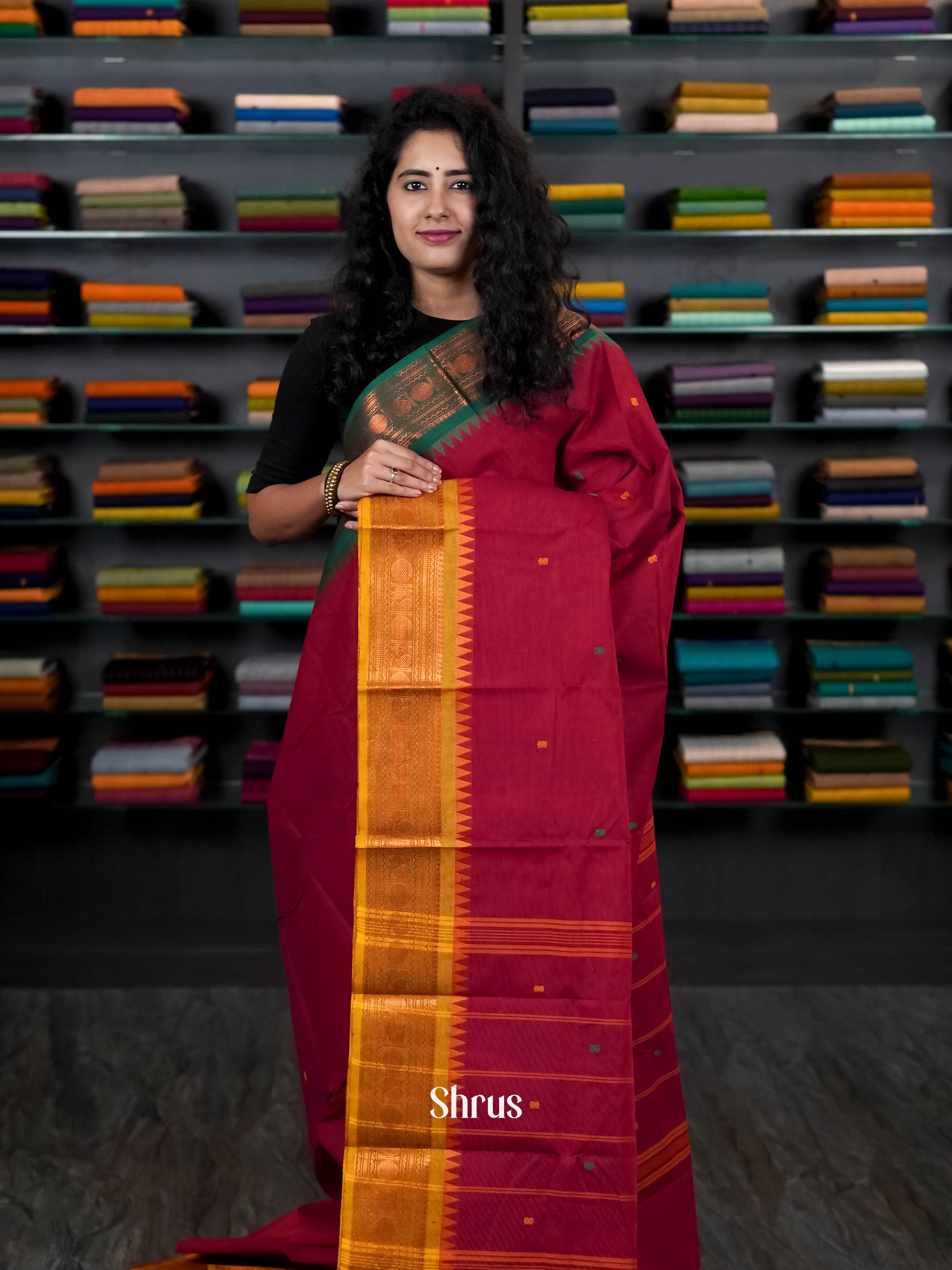 Maroon & Mustard - Chettinad Cotton Saree - Shop on ShrusEternity.com