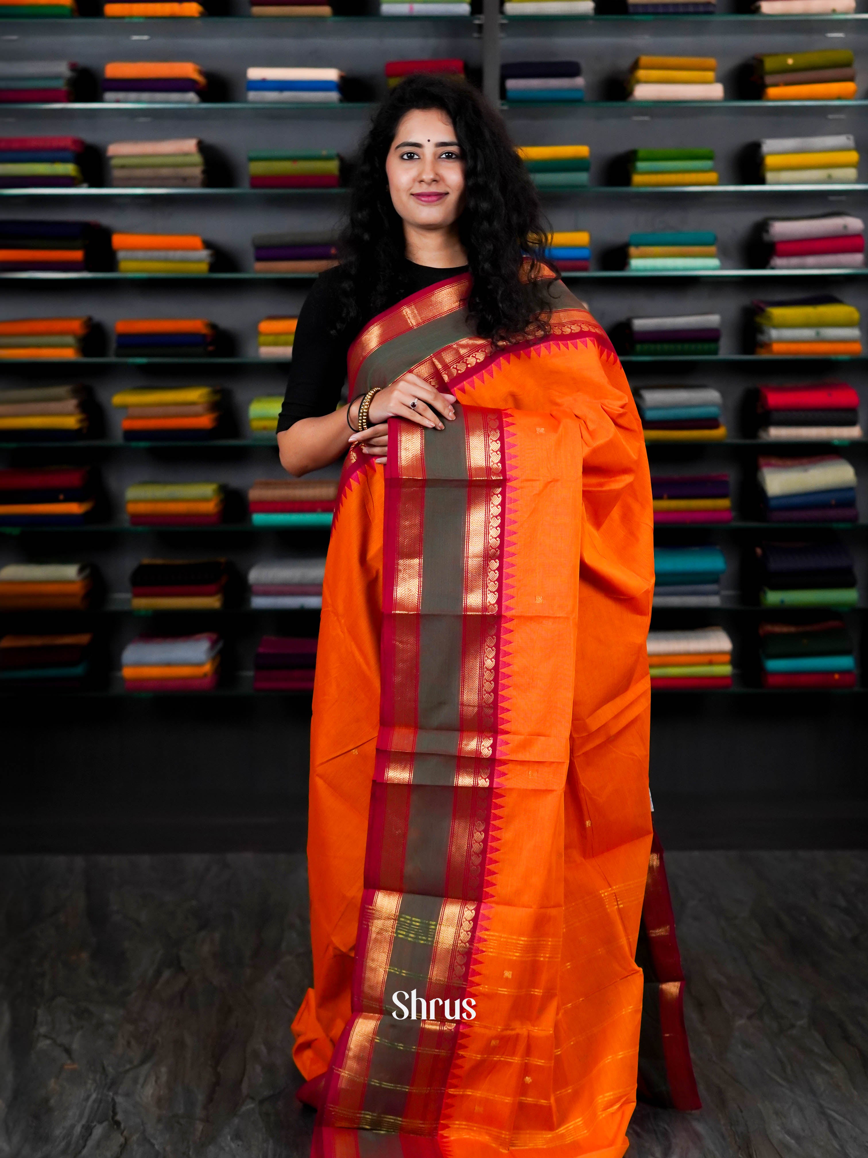 Orange & Maroon - Chettinad Cotton Saree - Shop on ShrusEternity.com