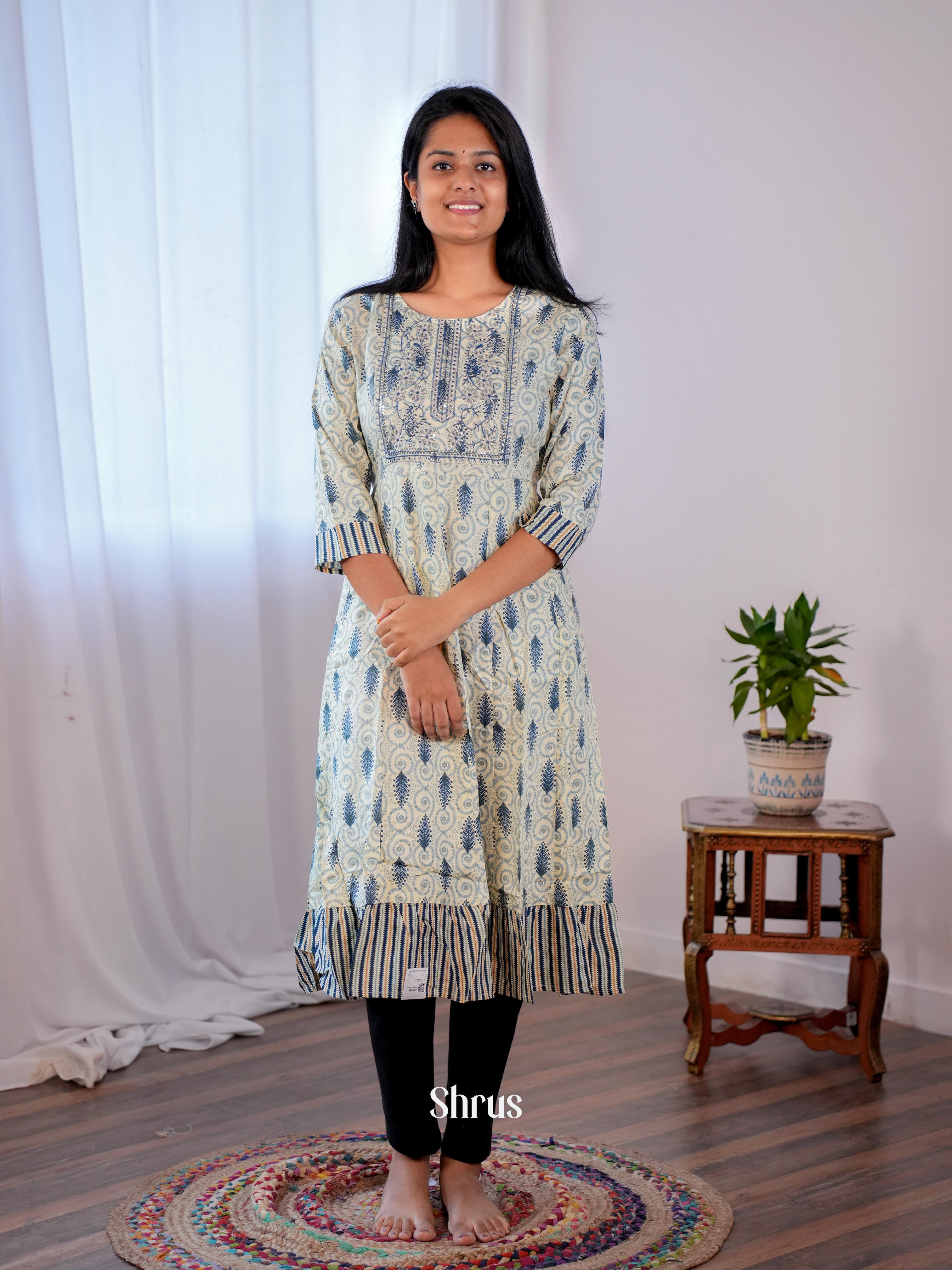 Cream & Blue - Readymade Kurti - Shop on ShrusEternity.com