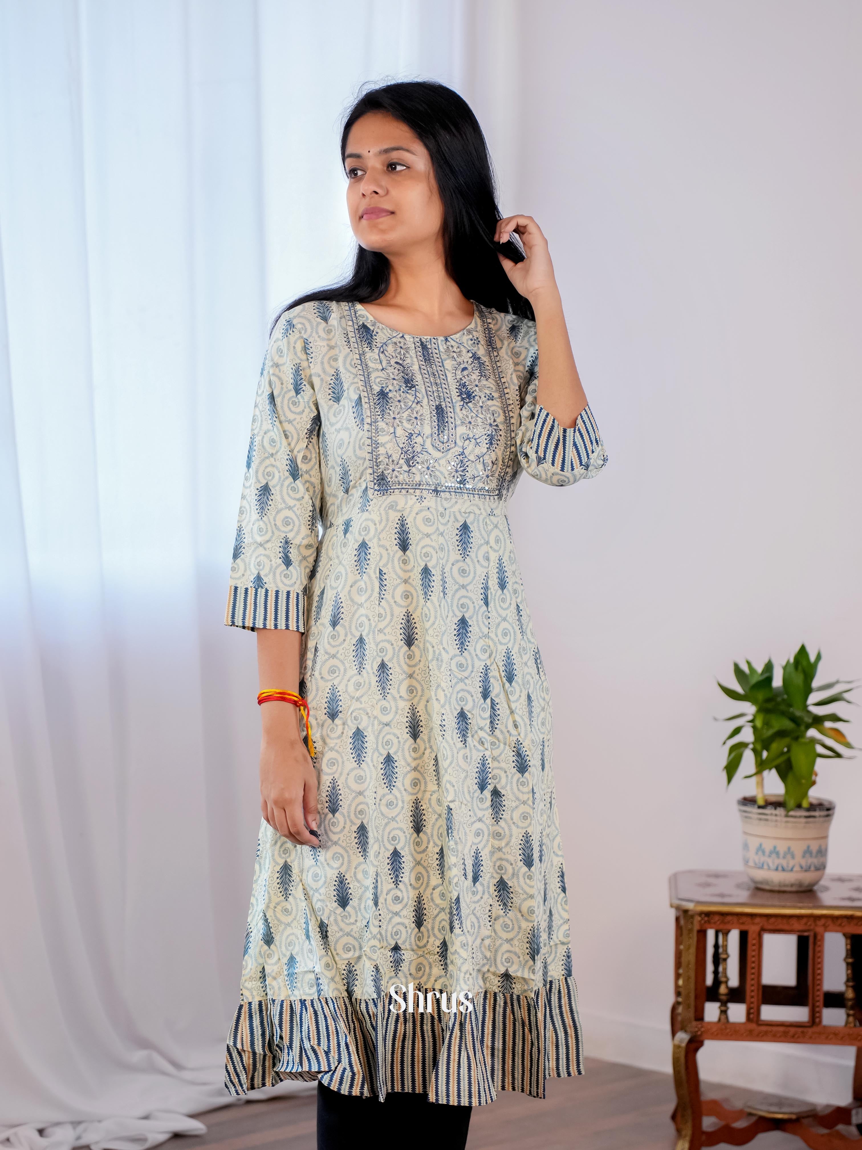 Cream & Blue - Readymade Kurti - Shop on ShrusEternity.com
