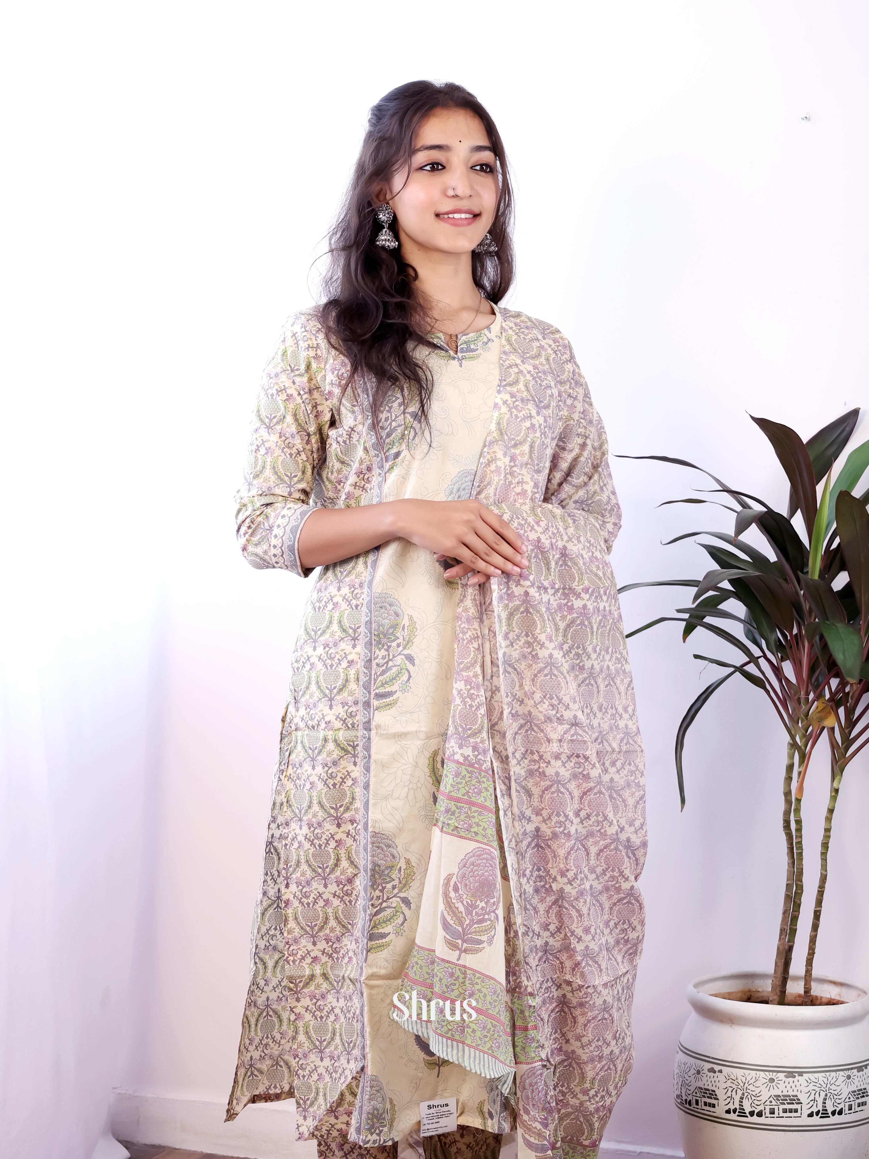Cream & Purple- 3pc floral printed Readymade Suits - Shop on ShrusEternity.com