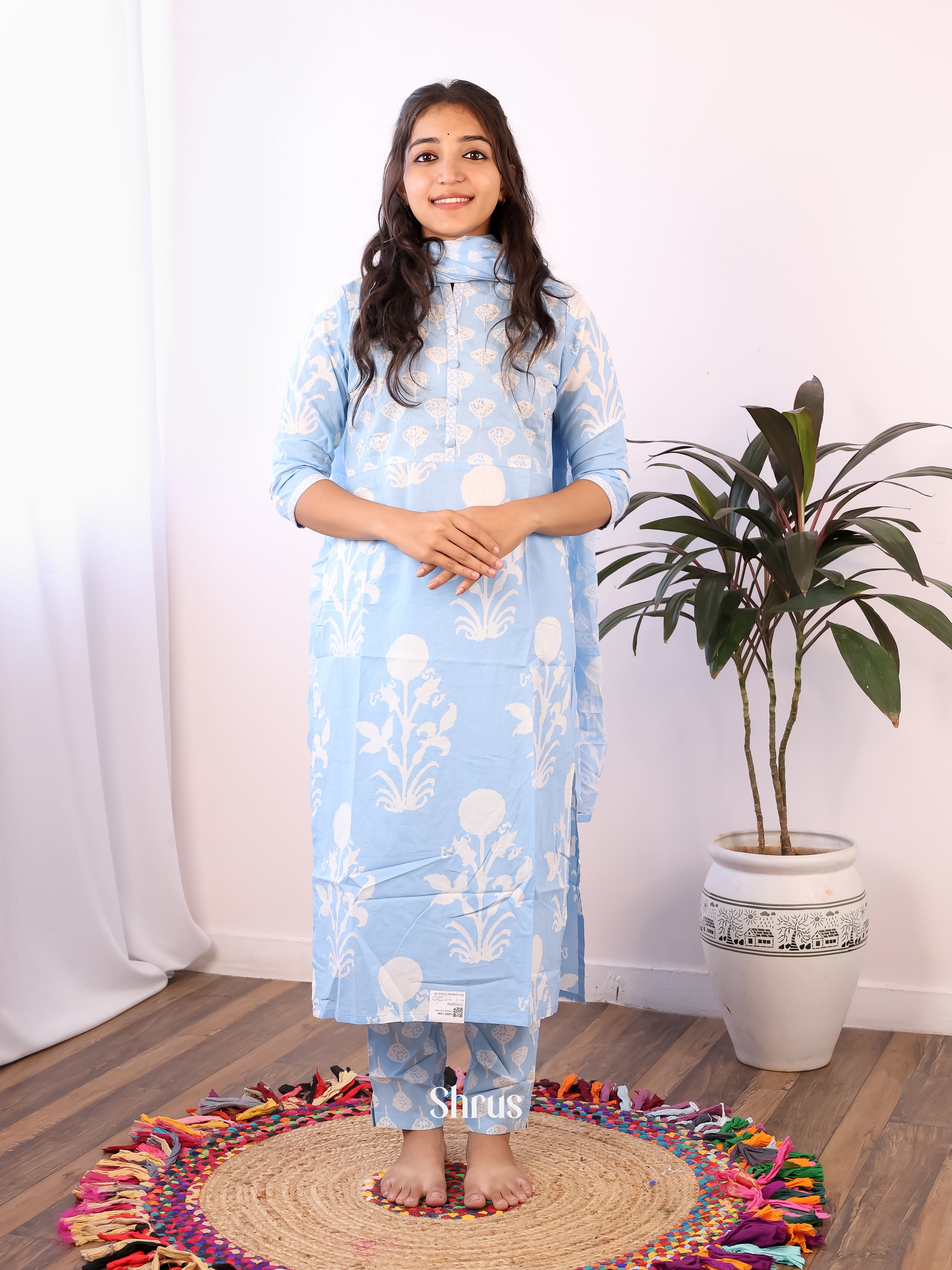 Blue - 3pc Cotton Readymade Suits - Shop on ShrusEternity.com