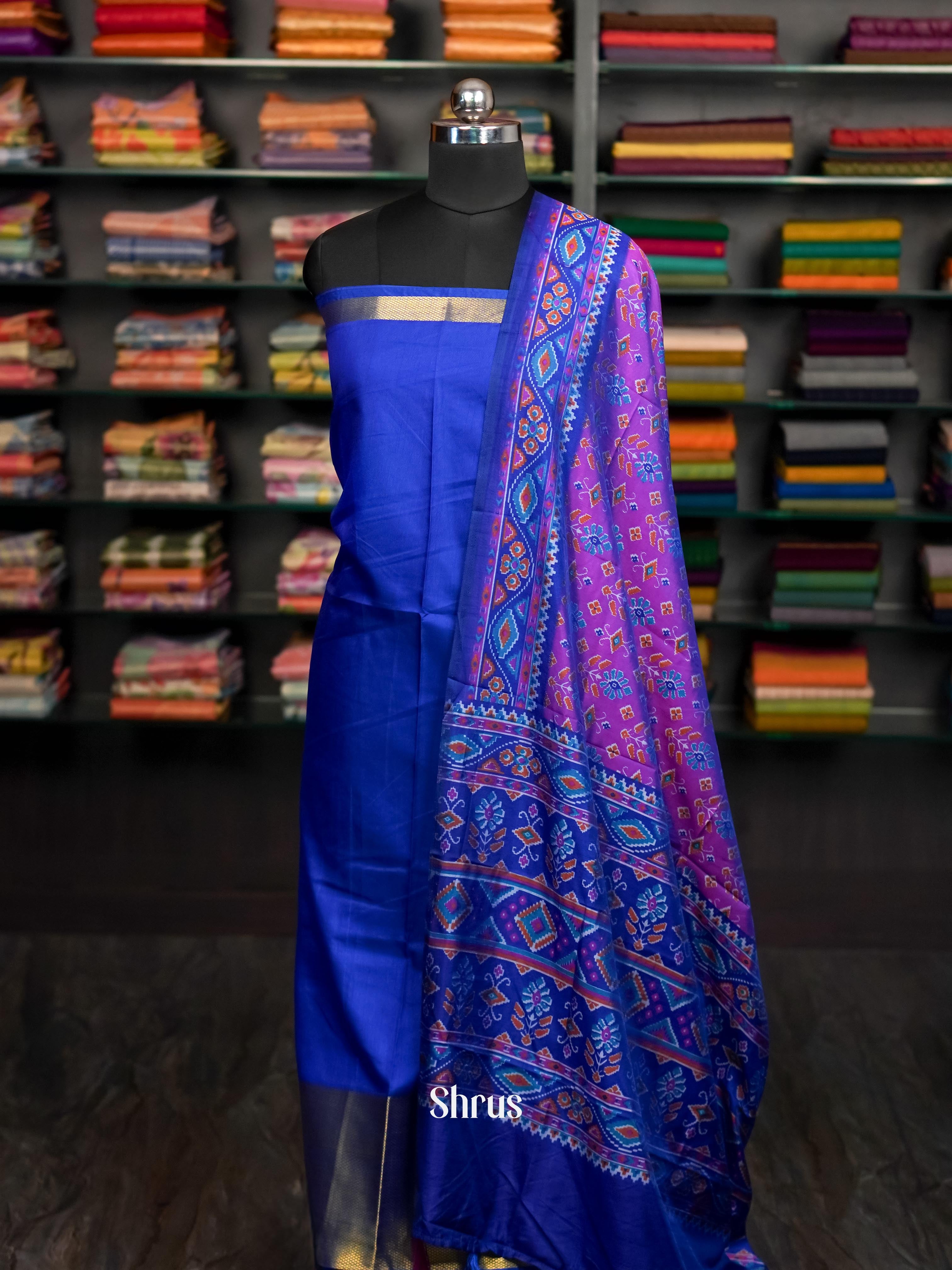 Blue & Purple - Semi Patola Unstitched Top, Bottom & Dupatta - CHS29080 - Shop on ShrusEternity.com