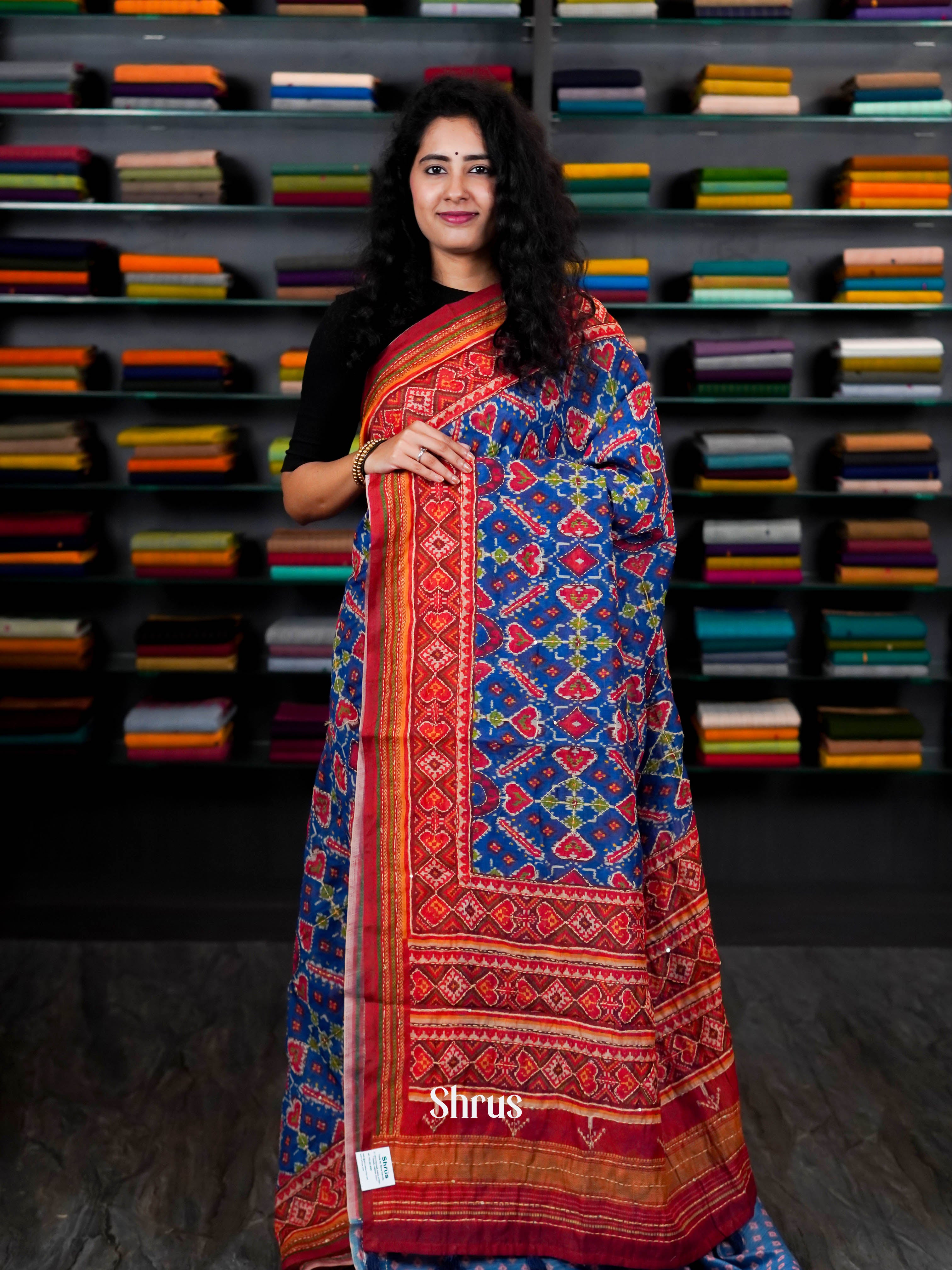 Blue & Red - Semi Kantha Saree - Shop on ShrusEternity.com