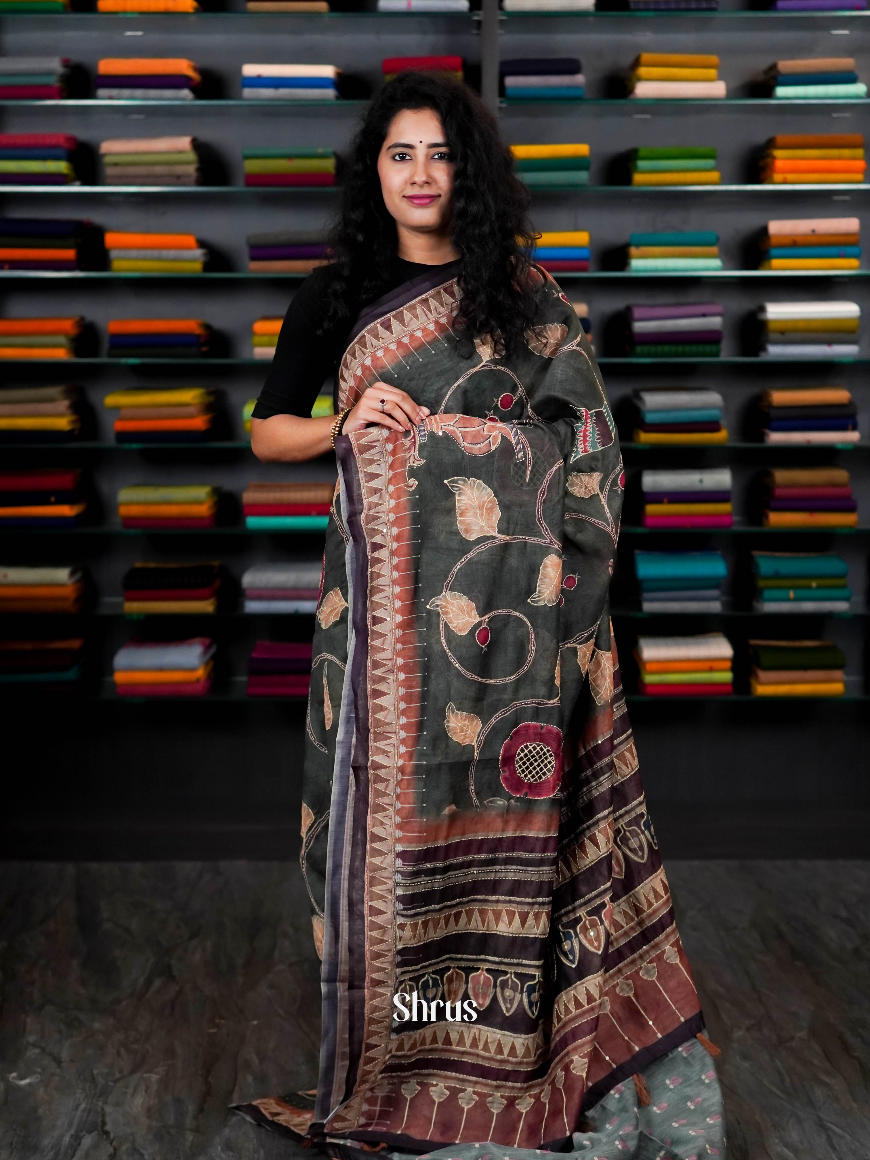 Green & Brown - Semi Kantha Saree - Shop on ShrusEternity.com