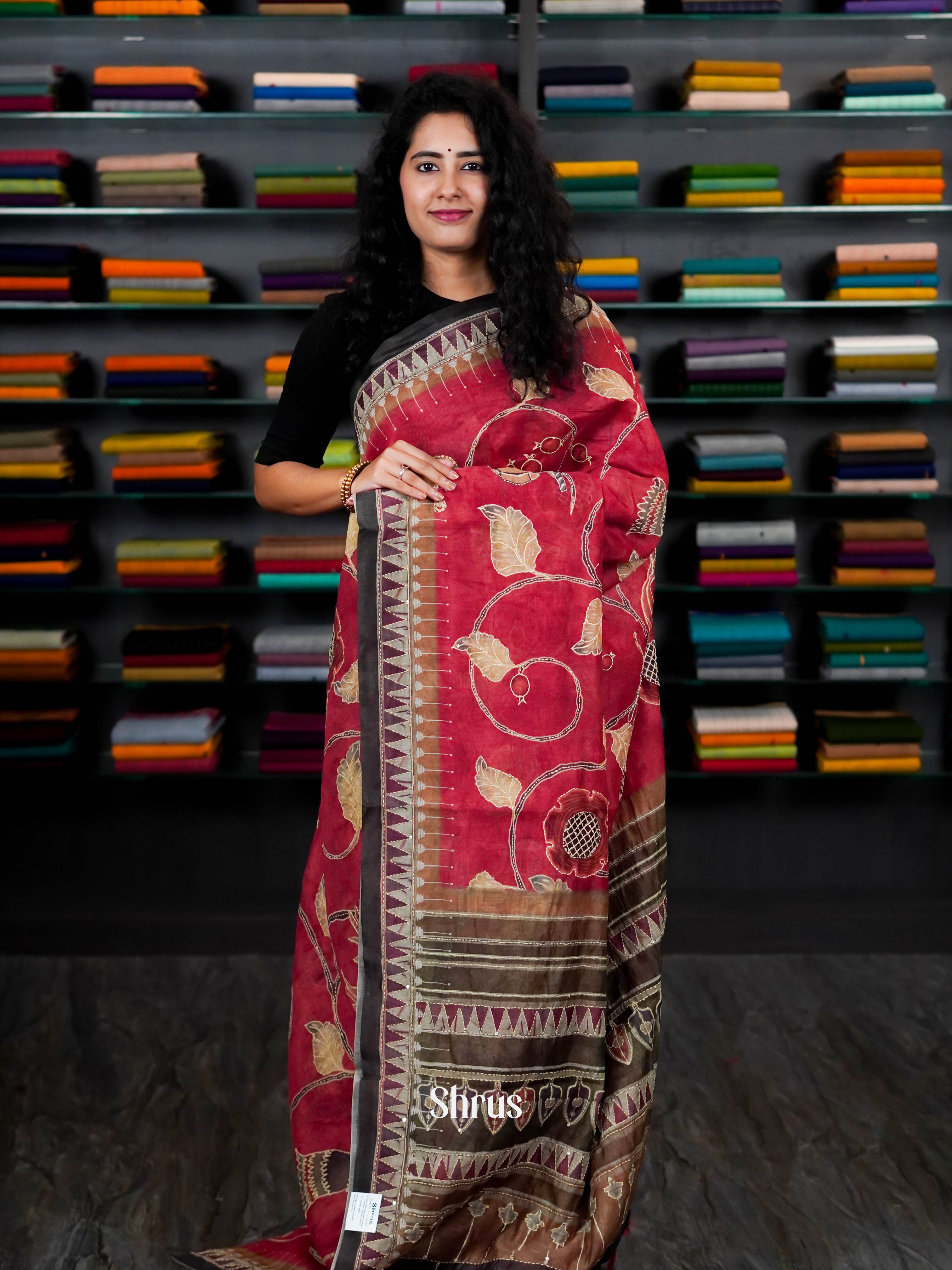Red & Brown - Semi Kantha Saree - Shop on ShrusEternity.com