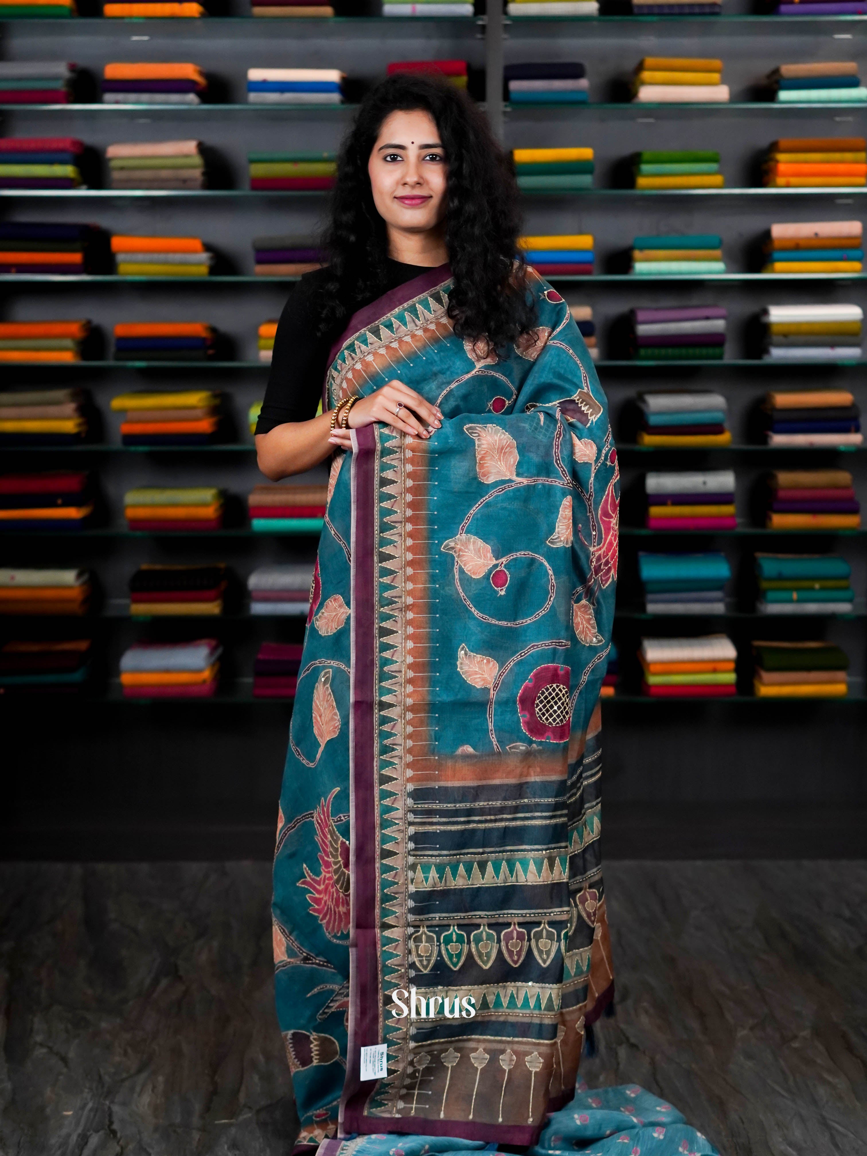 Teal Blue - Semi Kantha Saree - Shop on ShrusEternity.com