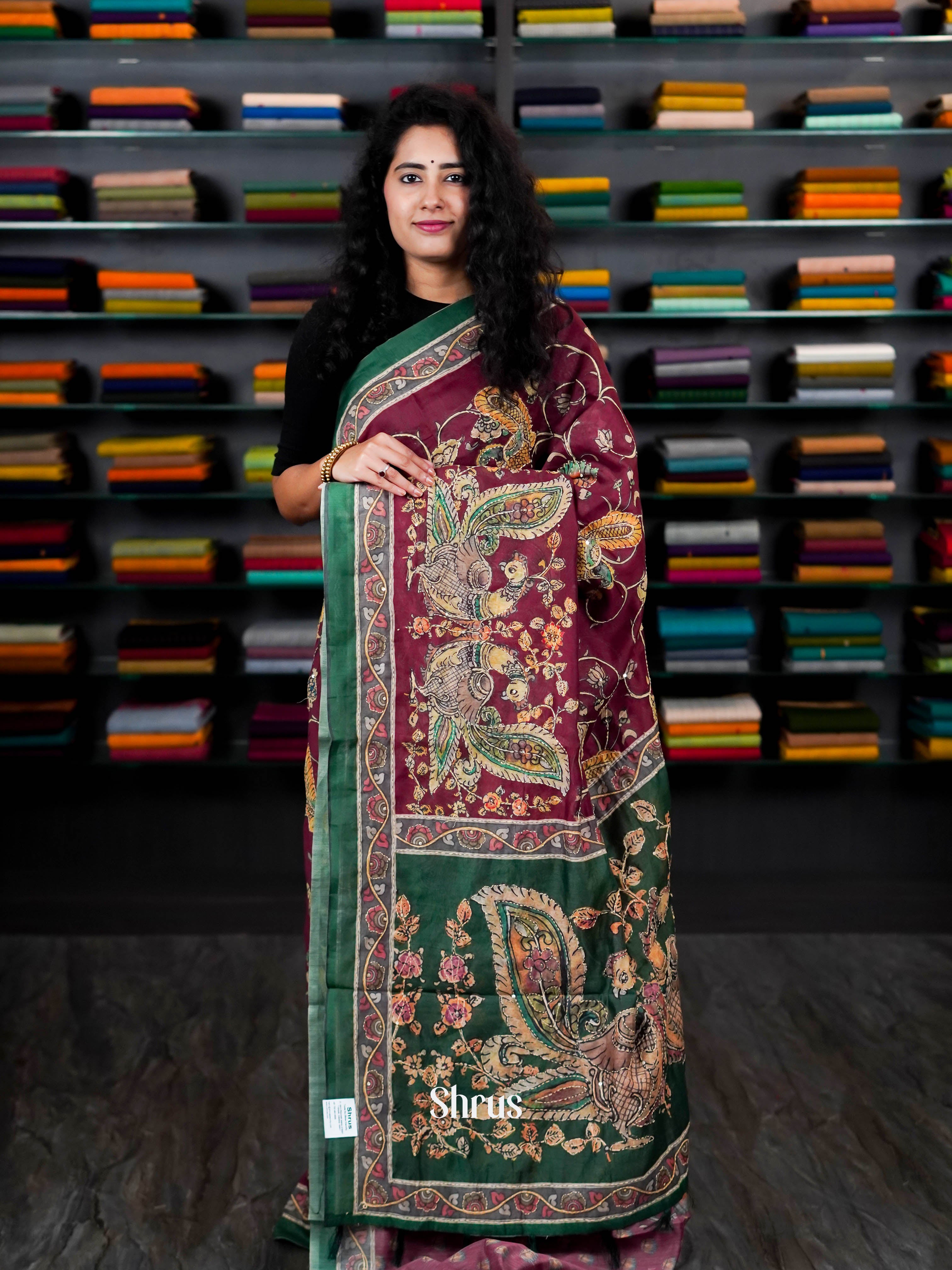 Maroon & Green - Semi Kantha Saree - Shop on ShrusEternity.com