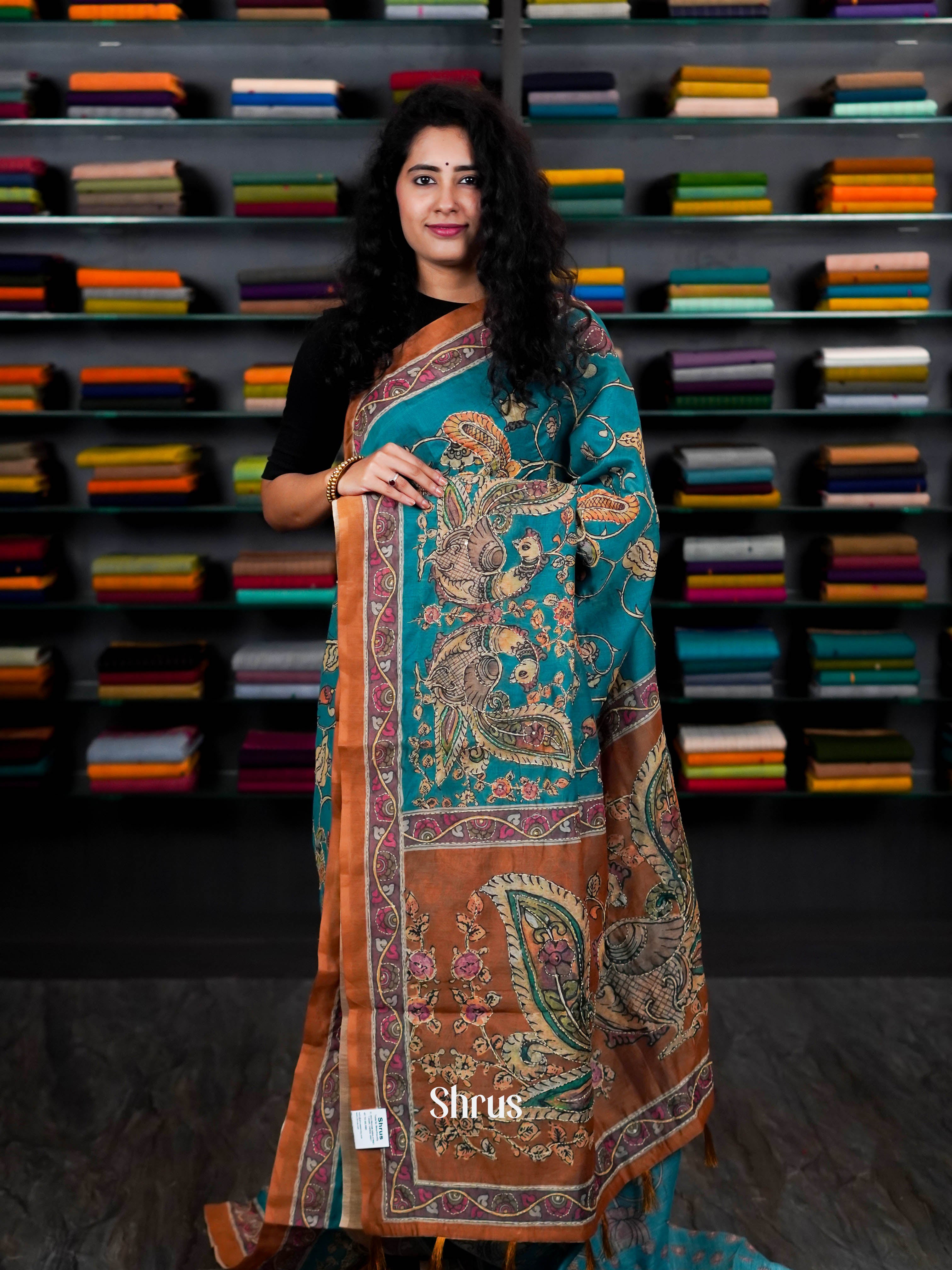 Teal & Brown - Semi Kantha Saree - Shop on ShrusEternity.com