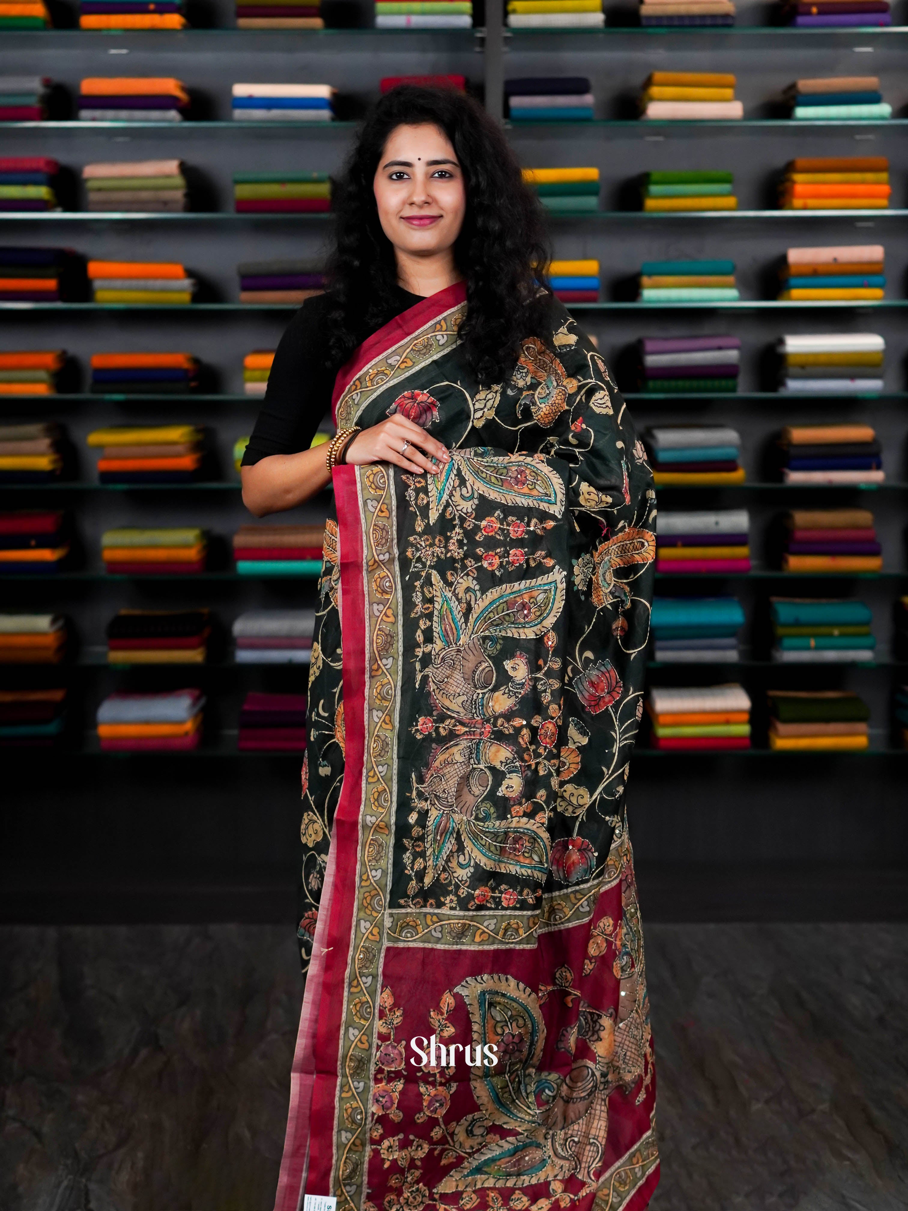 Green & Maroon - Semi Kantha Saree - Shop on ShrusEternity.com