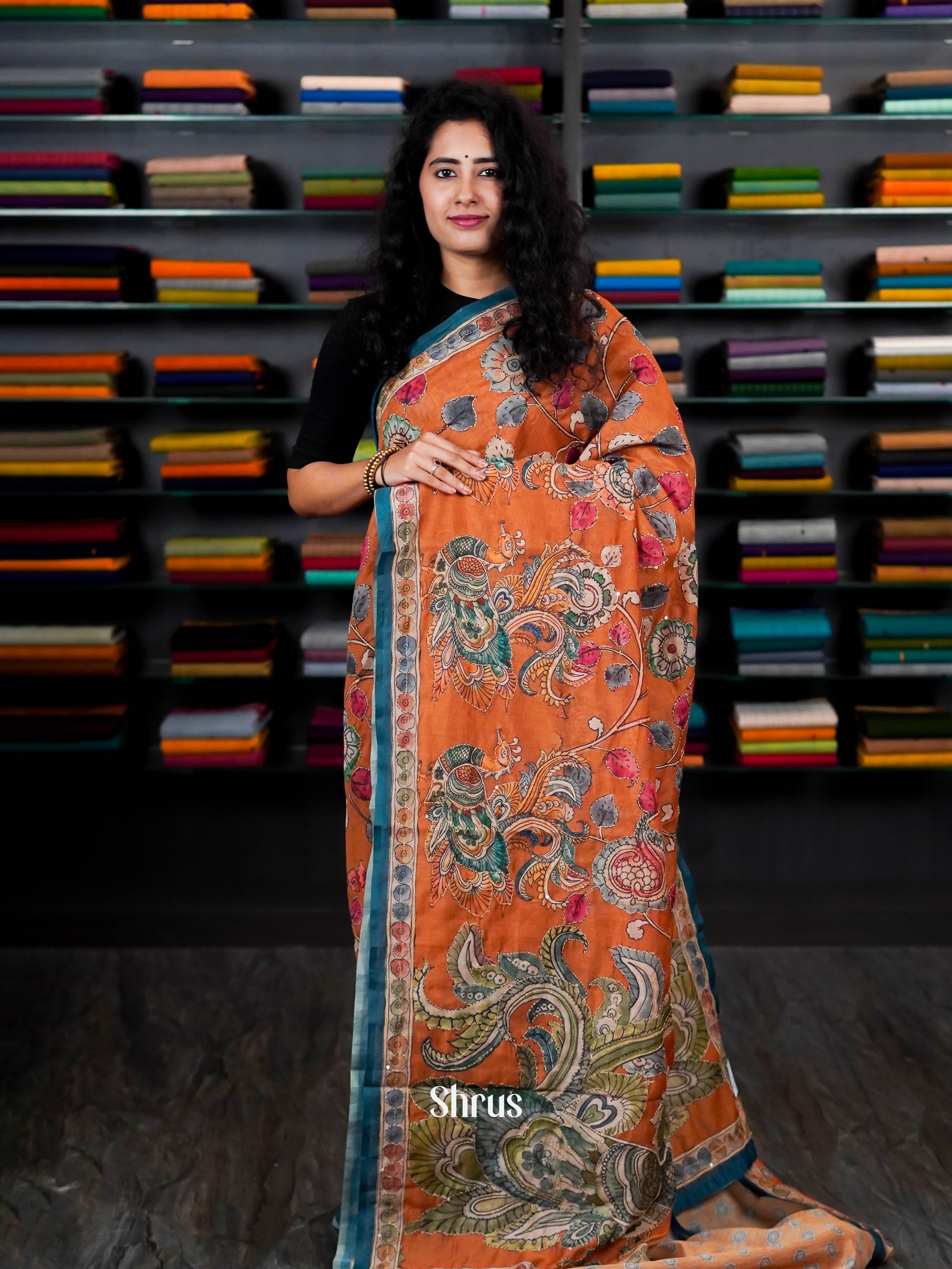 Orange & Blue - Semi Kantha Saree - Shop on ShrusEternity.com