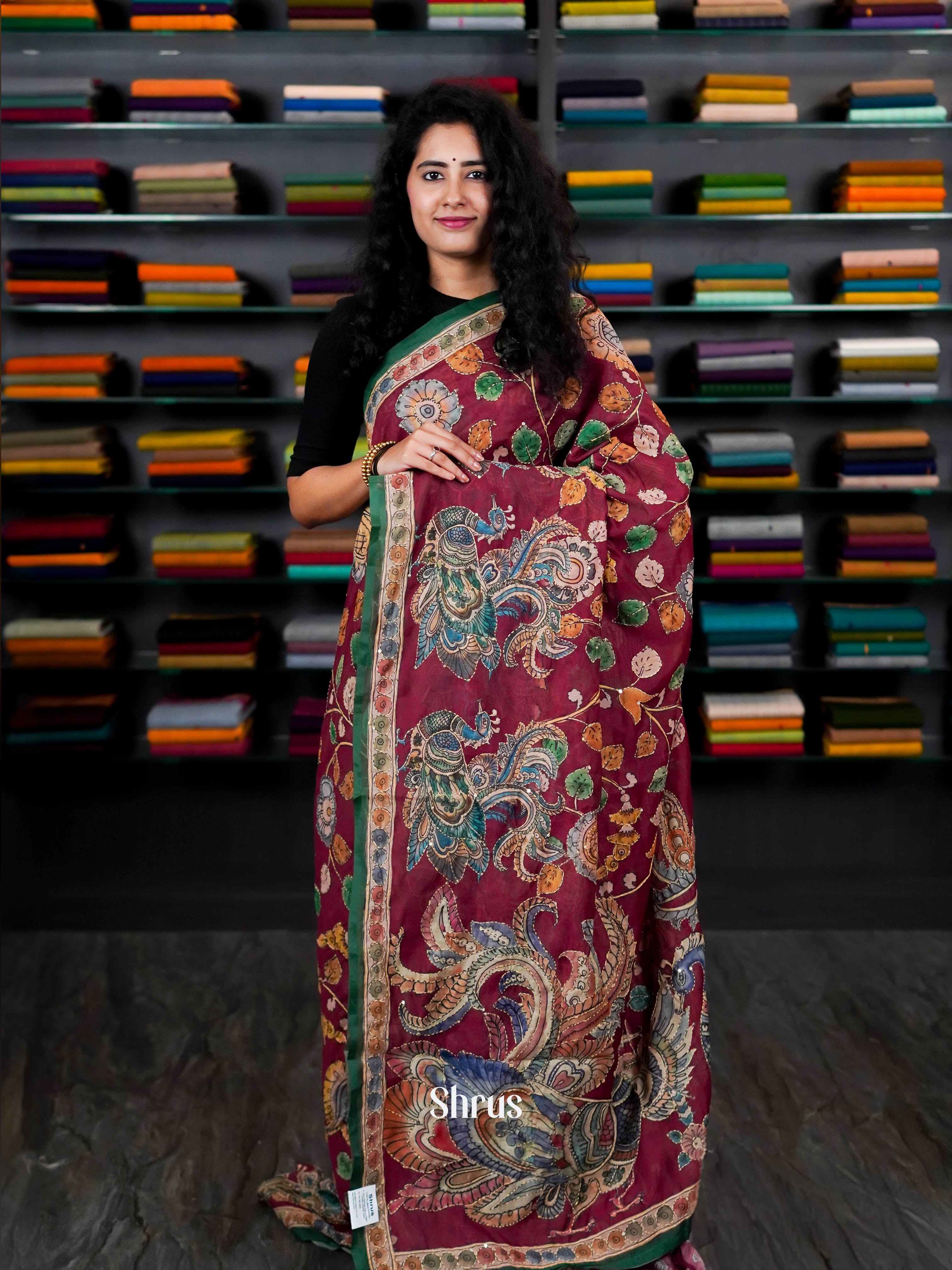 Maroon & Green - Semi Kantha Saree - Shop on ShrusEternity.com