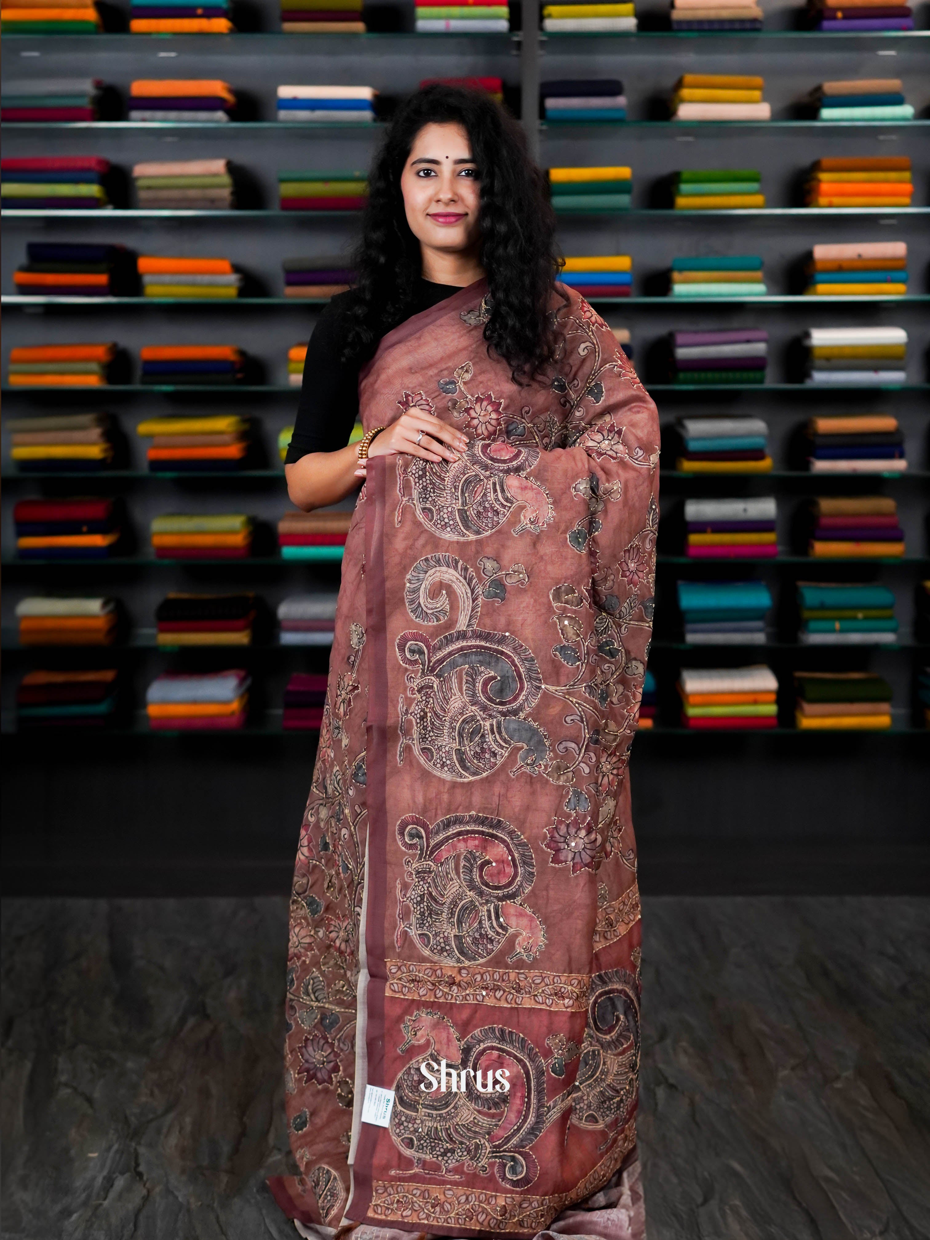 Brown - Semi Kantha Saree - Shop on ShrusEternity.com