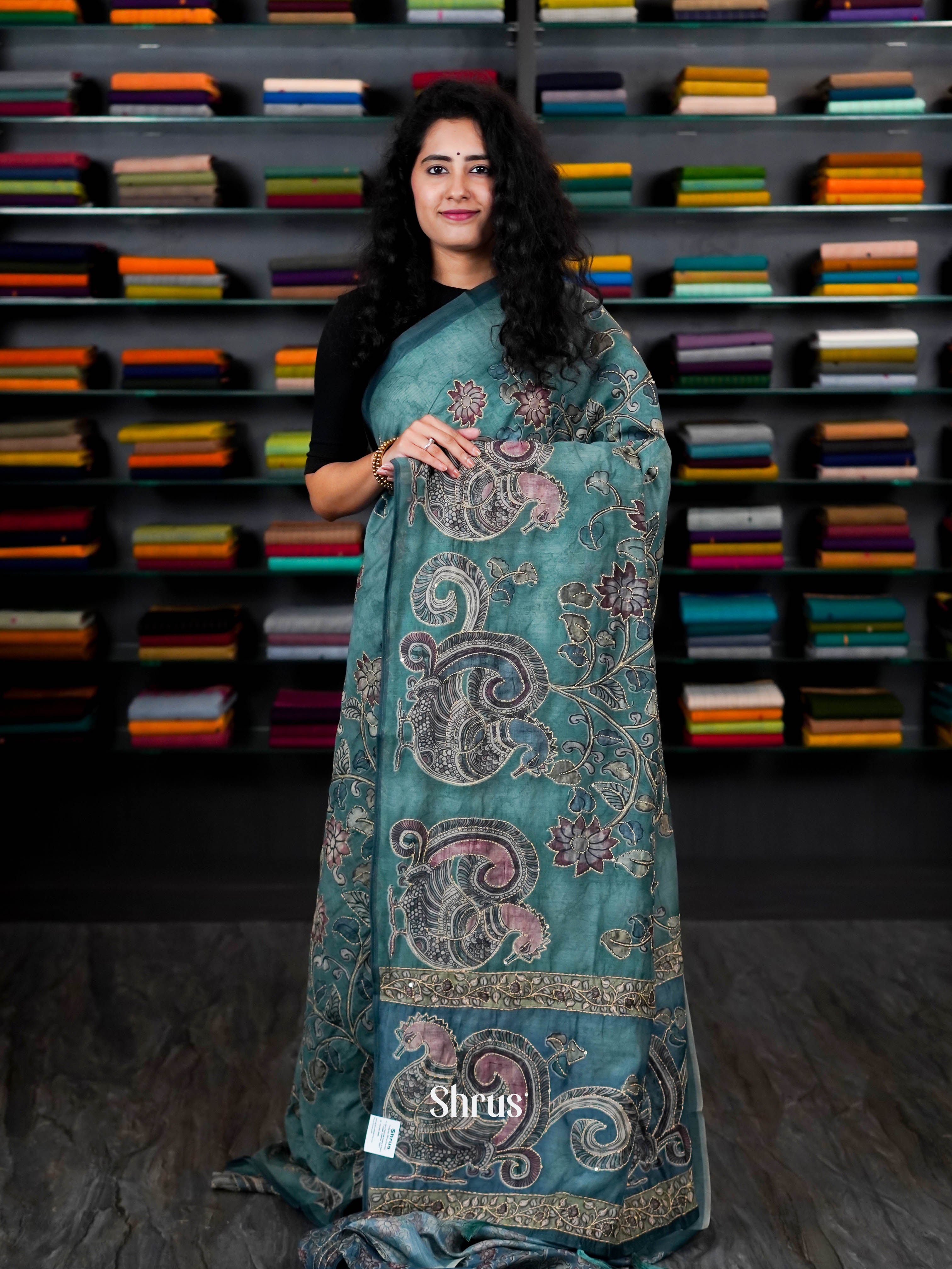 Greenish Blue - Semi Kantha Saree - Shop on ShrusEternity.com