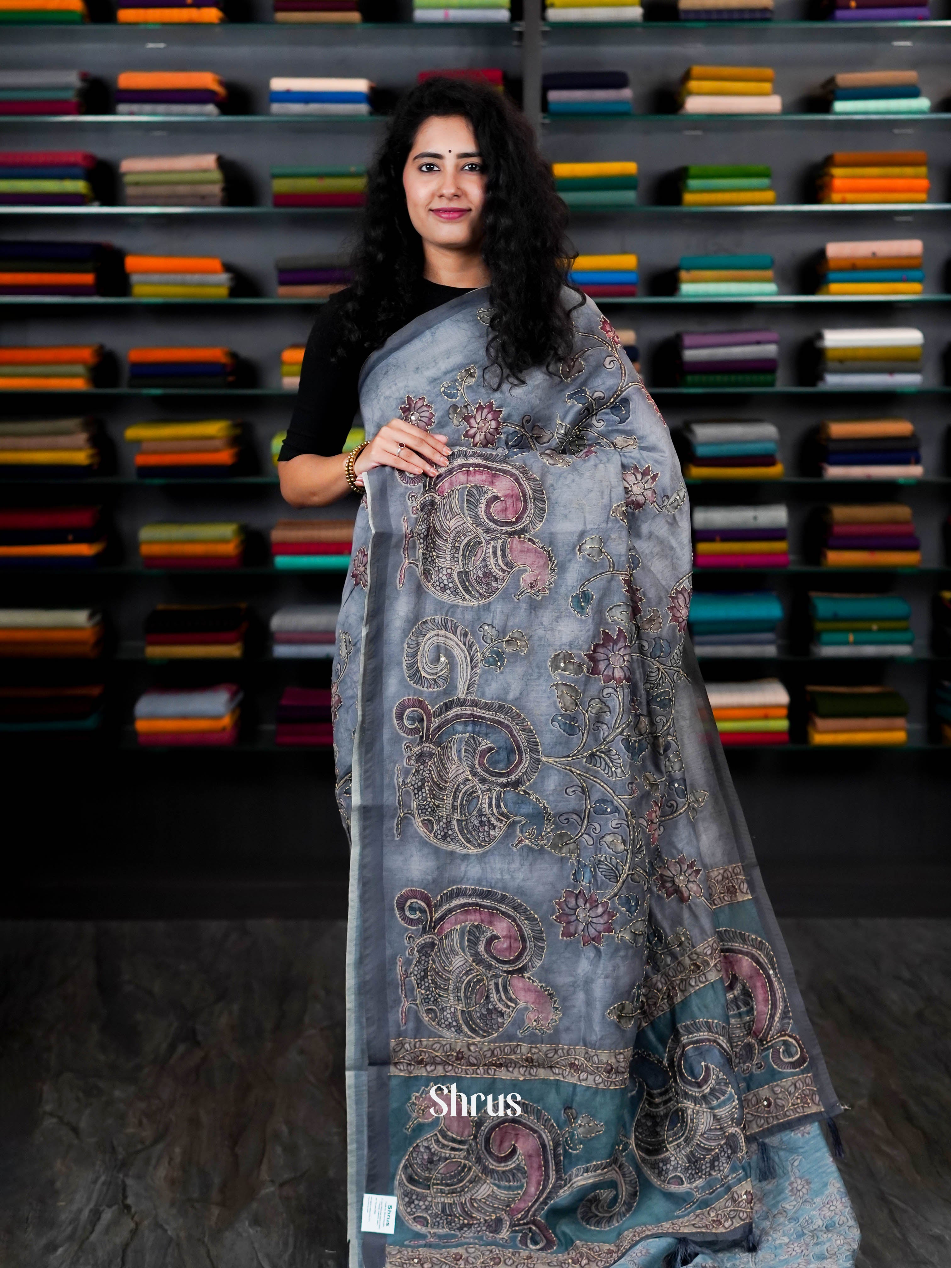 Grey - Semi Kantha Saree - Shop on ShrusEternity.com